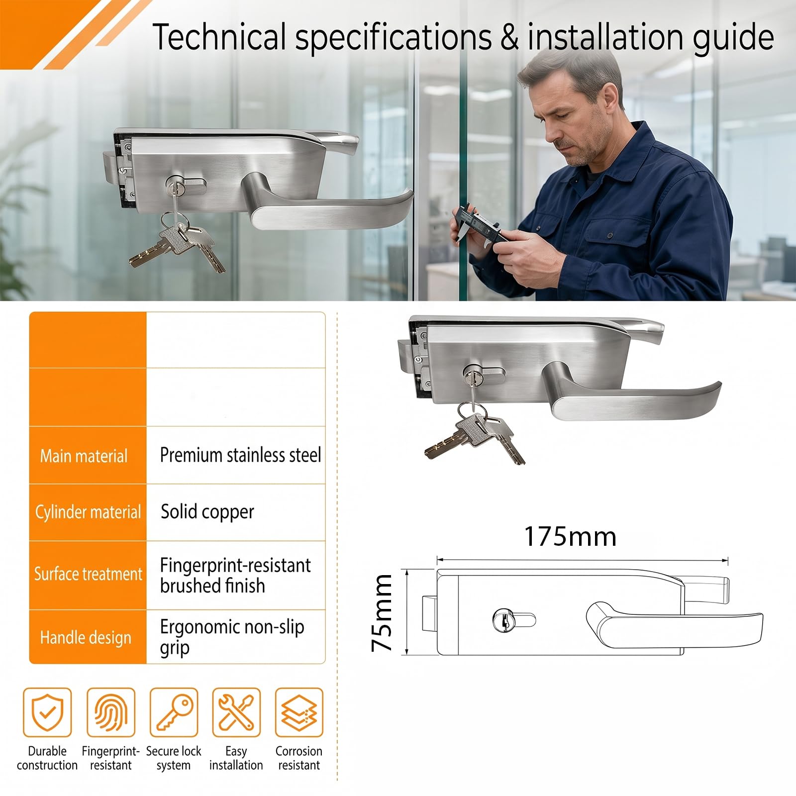 Serratura per porta in vetro in acciaio inox opaco con 3 chiavi, maniglia scorrevole, serratura per porta interna per ufficio, bagno, camera da letto, balcone, per vetro spesso 8-12 mm e 5-8 mm