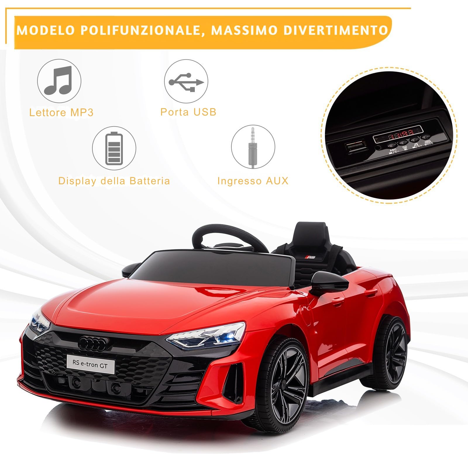 AUDI RS E-tron 12V Auto Elettrica per Bambini 3-5 Anni con Doppi Motori, MP3, Telecomando Rosso