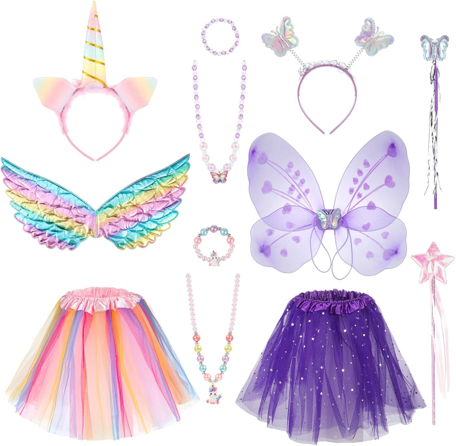Unicorn and Fairy Costume Set, Princess Dress with Butterfly & Angel Wings Tutu Skirt Wand Headband and Jewelry Kit, Fantasy Dress Up for 3-8 Years Girls Halloween Carnival Cosplay