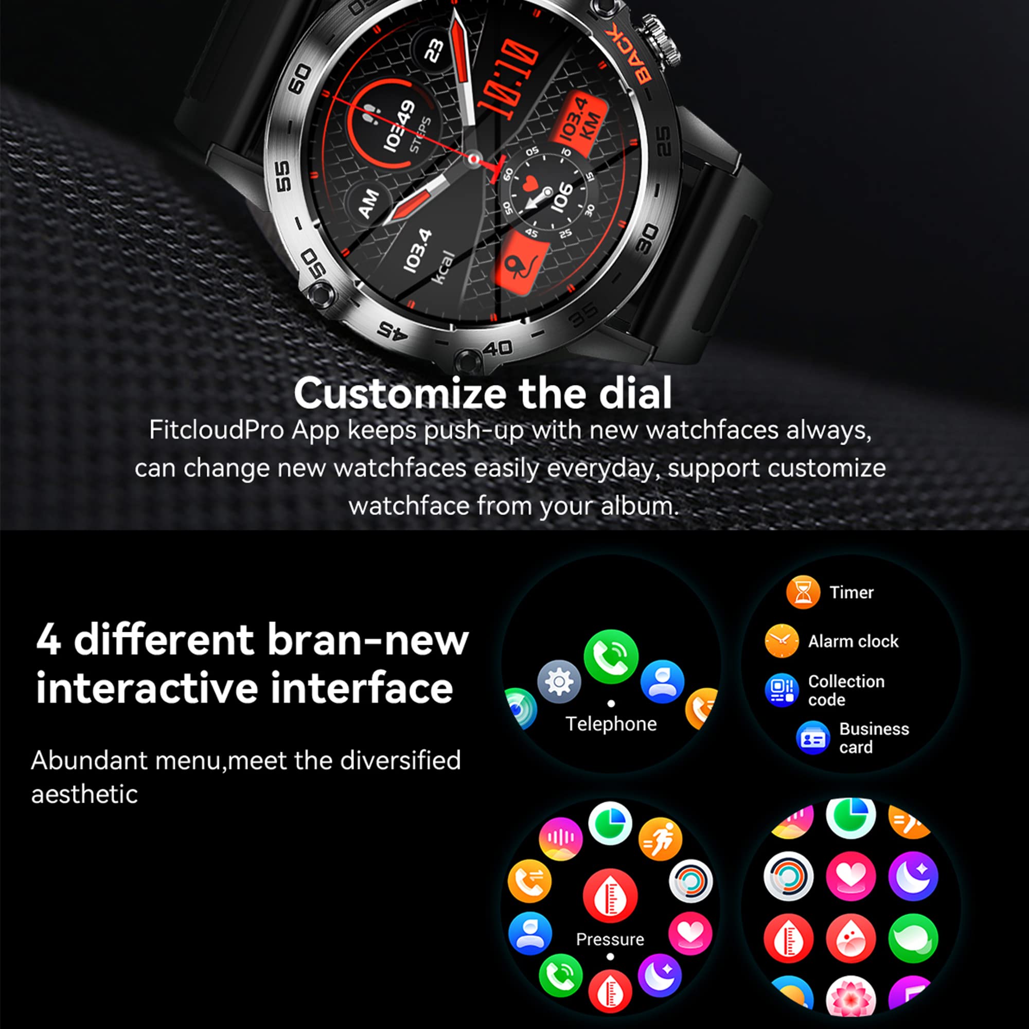 Smartwatch Herren mit Telefonfunktion,1,39”Touchscreen 5ATM Wasserdicht Sportuhr mit Blutdruckmessung, SpO2, 100+ Sportmodi, Outdoor Fitness Tracker Militär Uhr kompatibel mit iOS Android (Schwarz)