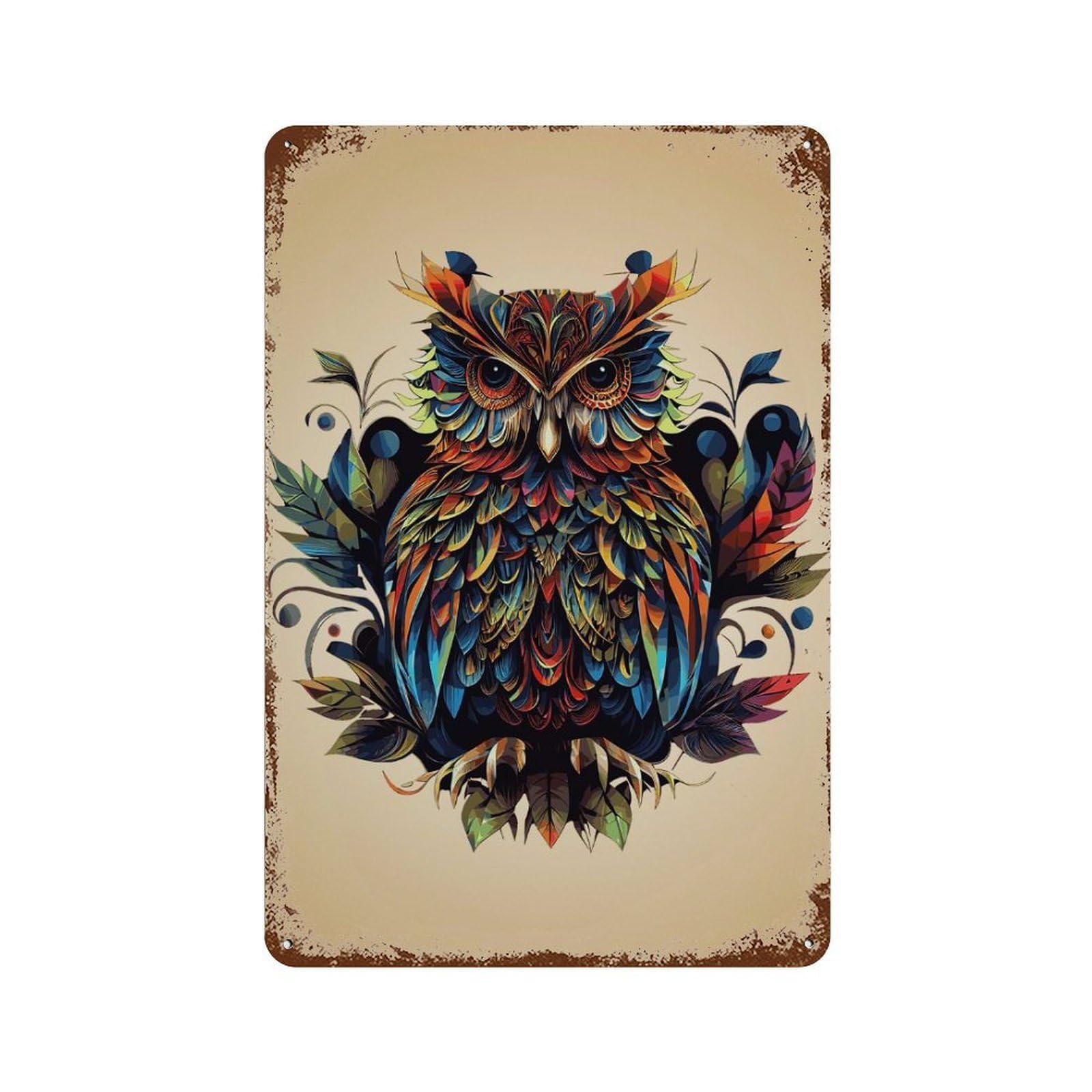 Detailed Owl Painting Rusty Metal Tin Sign 11.8"x7.9", Farmhouse Wall Decor for Farmhouse, Kitchen And Entryway Decor