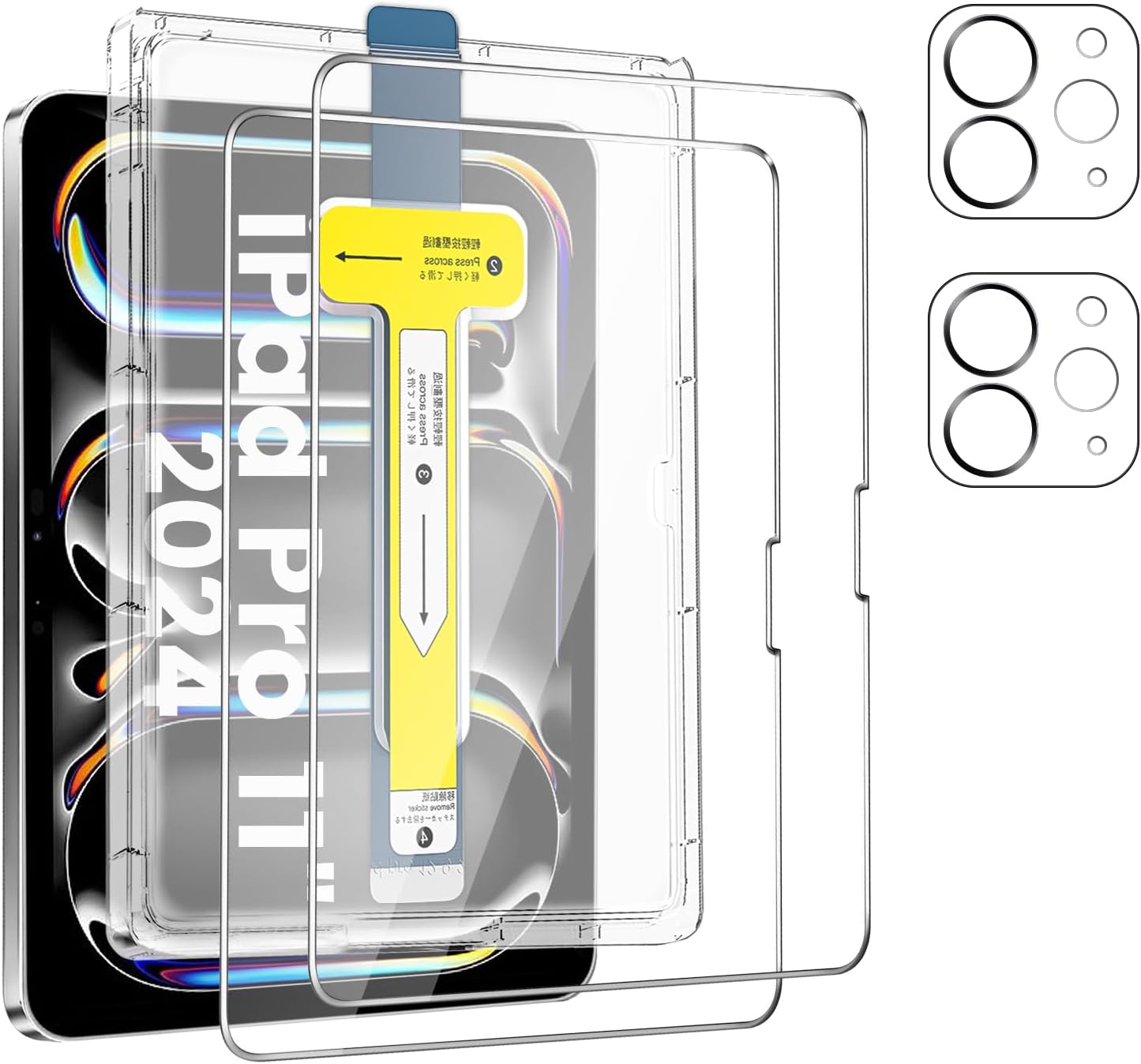TQLGY 2 Pack Screen Protector for iPad Pro 11-Inch M4 (2024, 5th Generation) with Camera Lens Protector, Auto Dust Removal Installation, Ultra HD Tempered Glass, Compatible with Face ID & Apple Pencil