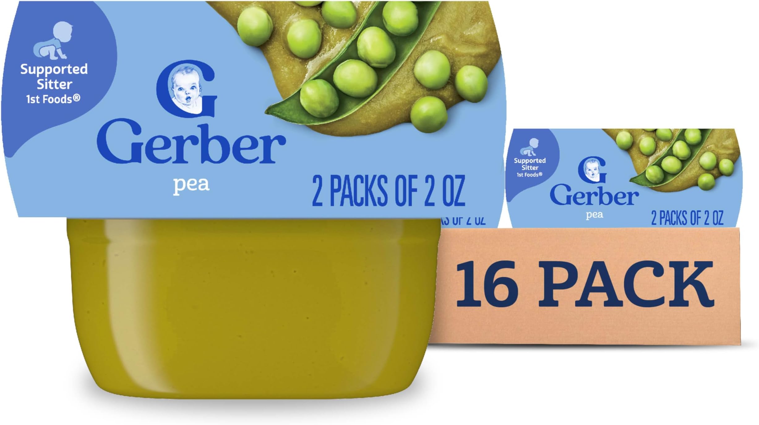 Gerber Stage 1 Baby Food Peas, Pea Puree Tubs, No Added Salt, No Artificial Colors or Flavors, Baby Puree, 16-Pack