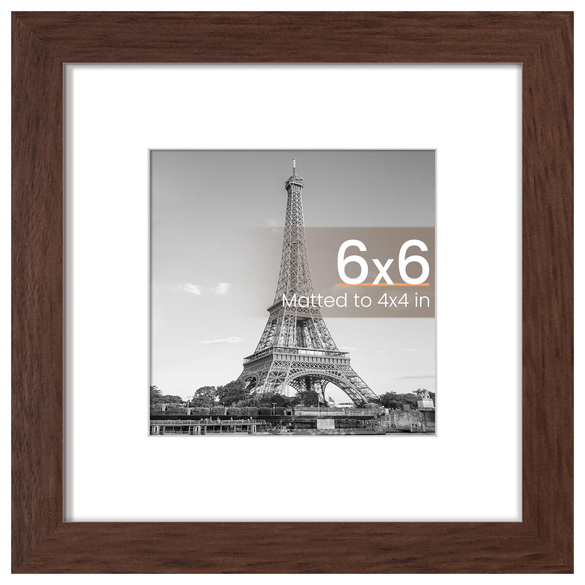 upsimples 6x6 Picture Frame, Display Pictures 4x4 with Mat or 6 x 6 Without, Wall Hanging Square Frames, Brown, 1 Pack