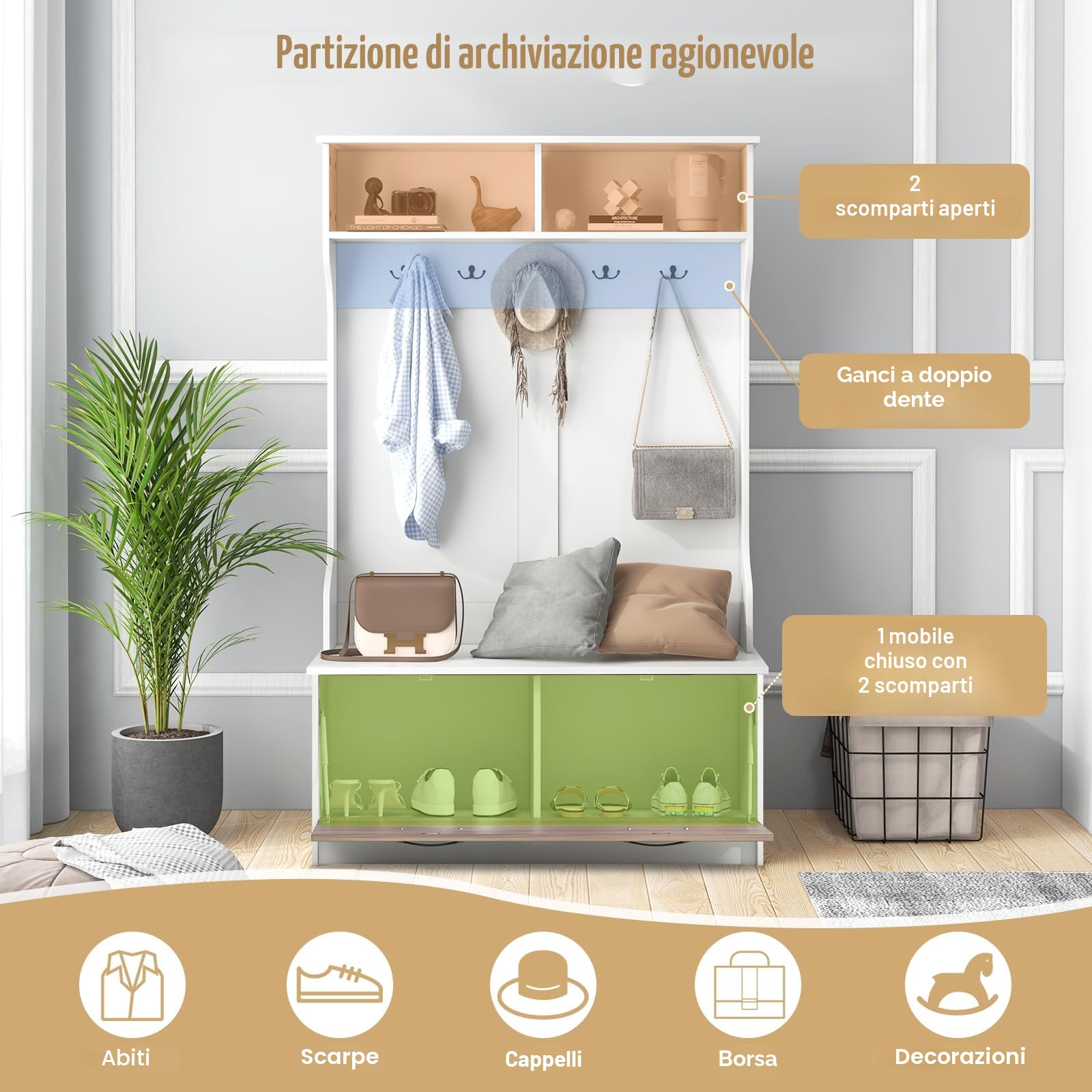 GIANTEX Appendiabiti con Panca da Scarpe, Armadio con Panca Portaoggetti e 5 Ganci e Scomparti, Mobile d'Ingresso Moderno per Corridoio, Camera da Letto, 100x40x160 cm (Bianco)