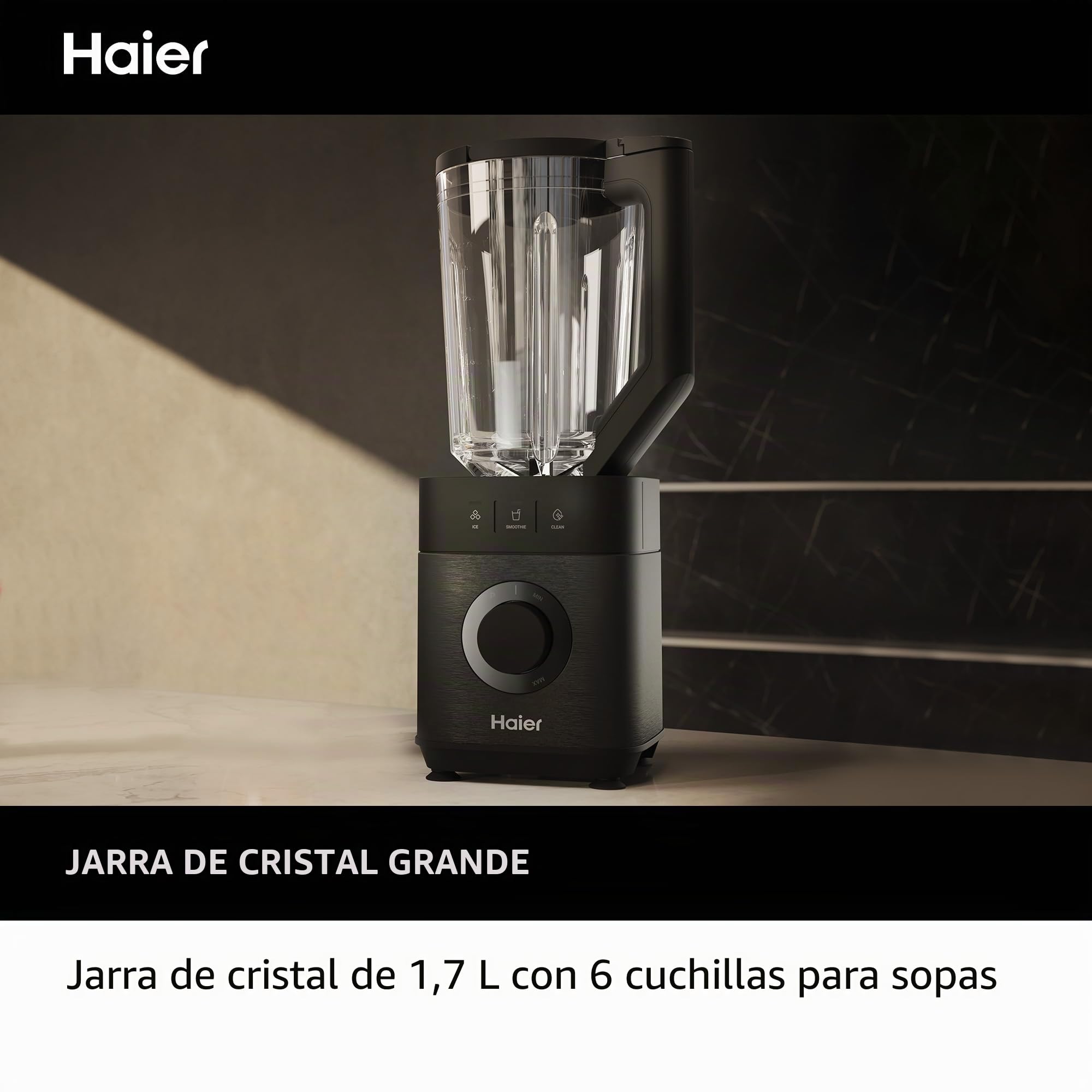 HAIER Batidora de Vaso con Triturador de Hielo, Batidora Smoothies, 5 Velocidades Variables, Limpieza Automática, Jarra de Vidrio de 1.7L, Jarra Portátil de 0.6L, 1200W [I-Master Series 5]