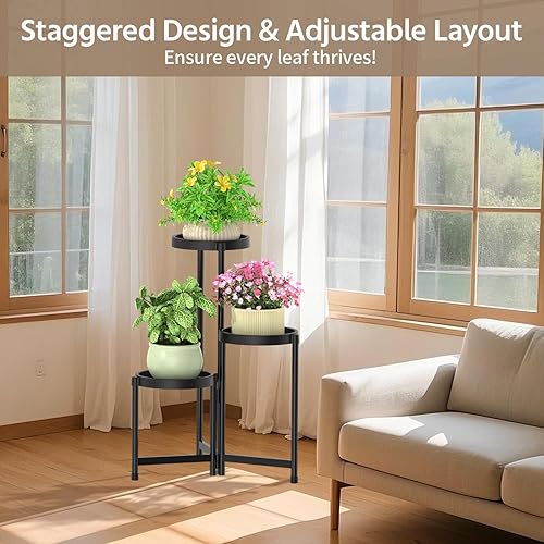 Miniatura 7 de LASZOLA Soporte plegable de 3 niveles para plantas de interior para múltiples macetas grandes, estante ajustable alto y resistente con estantería de