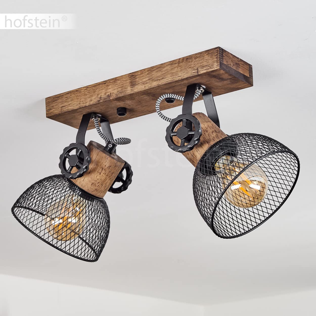 Lampa sufitowa Orny, z drewna/metalu w kolorze brązowym/czarnym z kloszami z siatki optycznej, lampa z drewnianymi belkami, przewodami z tkaniny i regulowanymi reflektorami, E27, bez żarówek