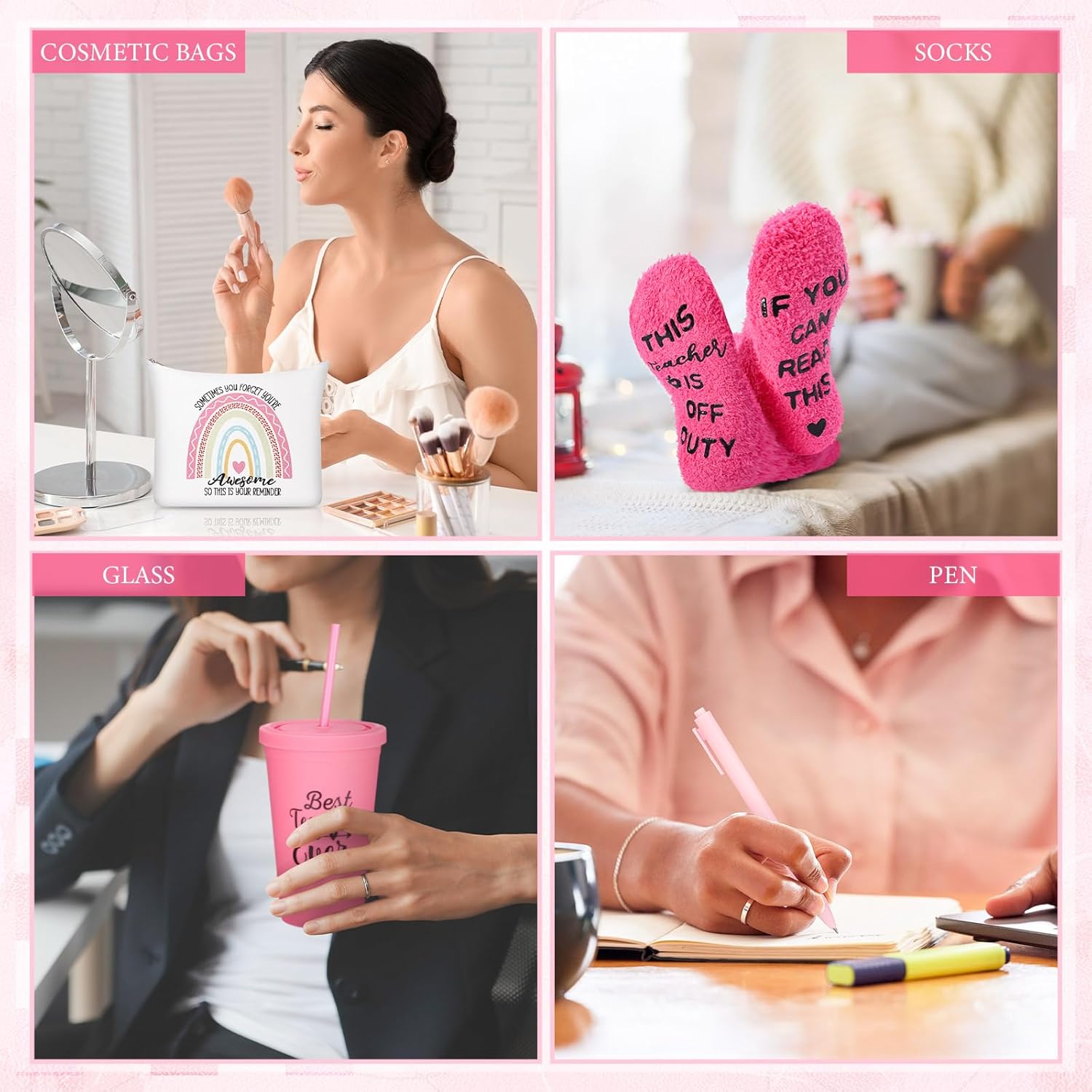 Skylety 7 Pcs Teacher Appreciation Gifts Thank You Teacher Gifts for Women 16OZ Plastic Tumbler with Lid Socks Makeup Bag Box Pens for Retirement Birthday Christmas Back to School(Hot Pink) - Image 7