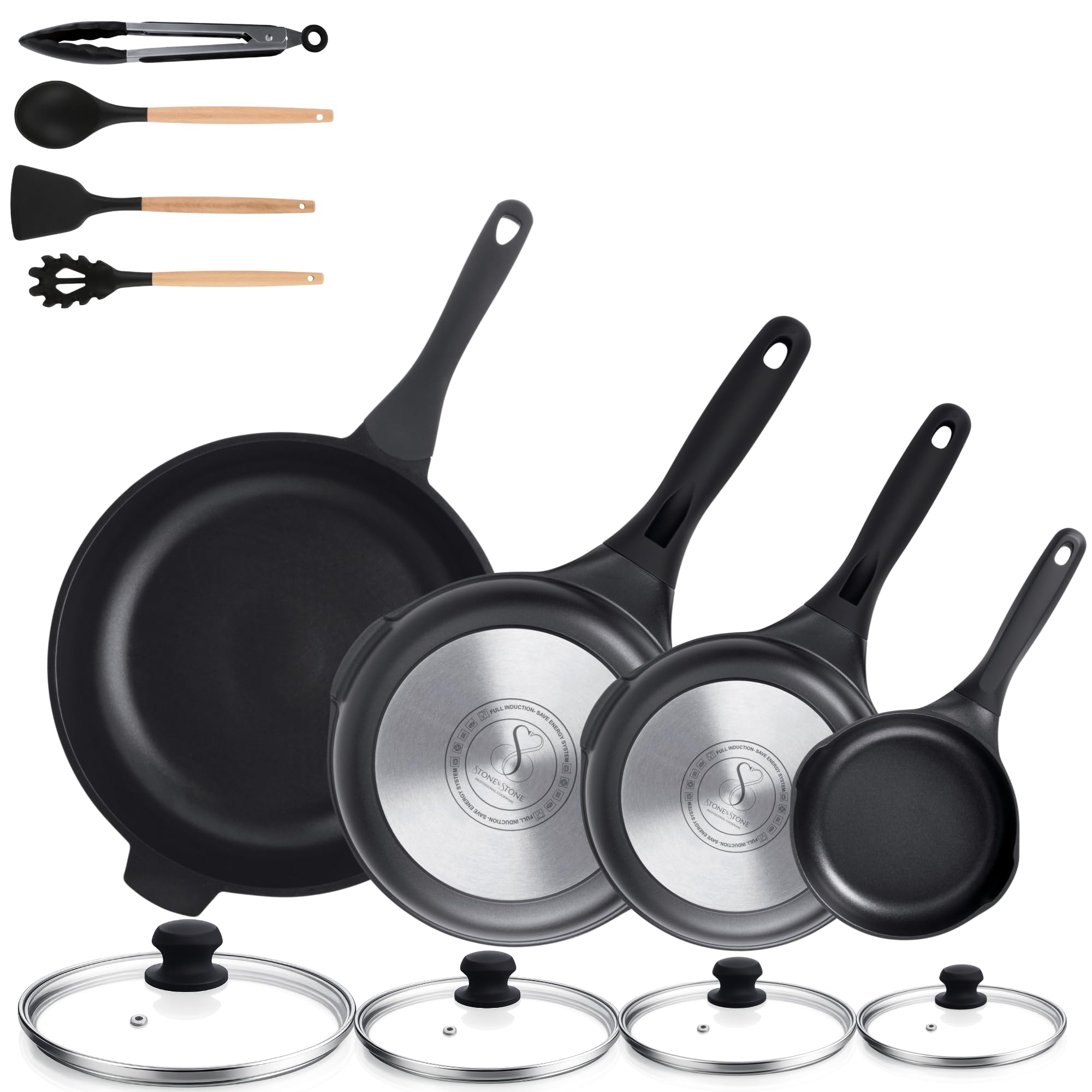 Stone&Stone 5-delige inductiekookpannenset, 24 cm stoompan grillrooster stoompan voor levensmiddelen met 3 niveaus stapelbaar deksel van gehard glas lepel