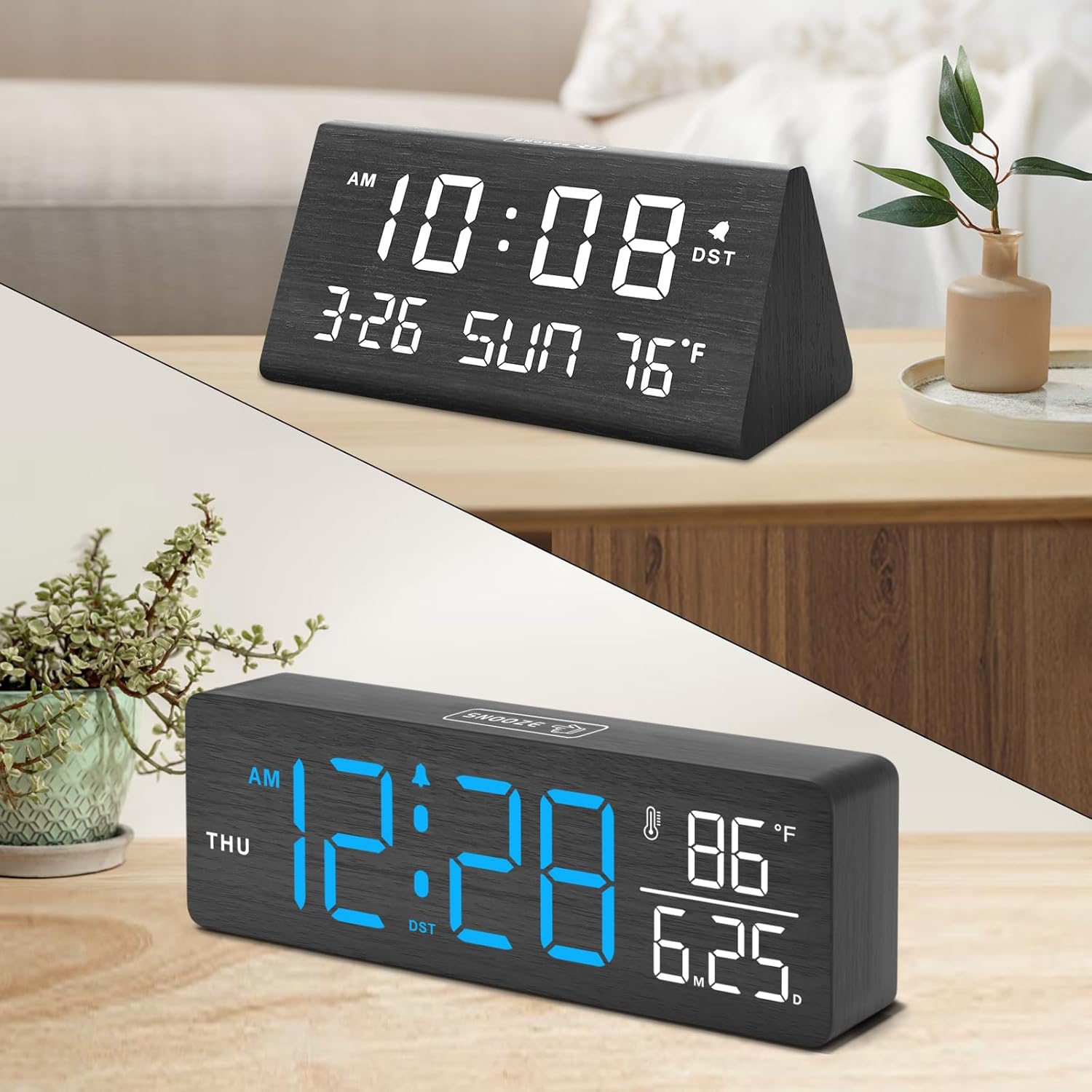DreamSky Wood Alarm Clock with Date Day Time Temperature