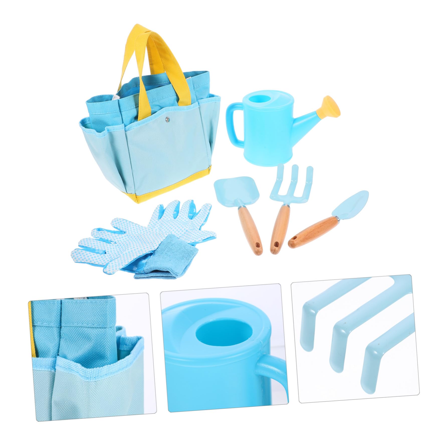 Set Attrezzi Giardinaggio Bambini 6 Pezzi Blu per Semina e Orto | Manico in Faggio, Secchio, Guanto e Annaffiatoio, per Giardino e Cortile