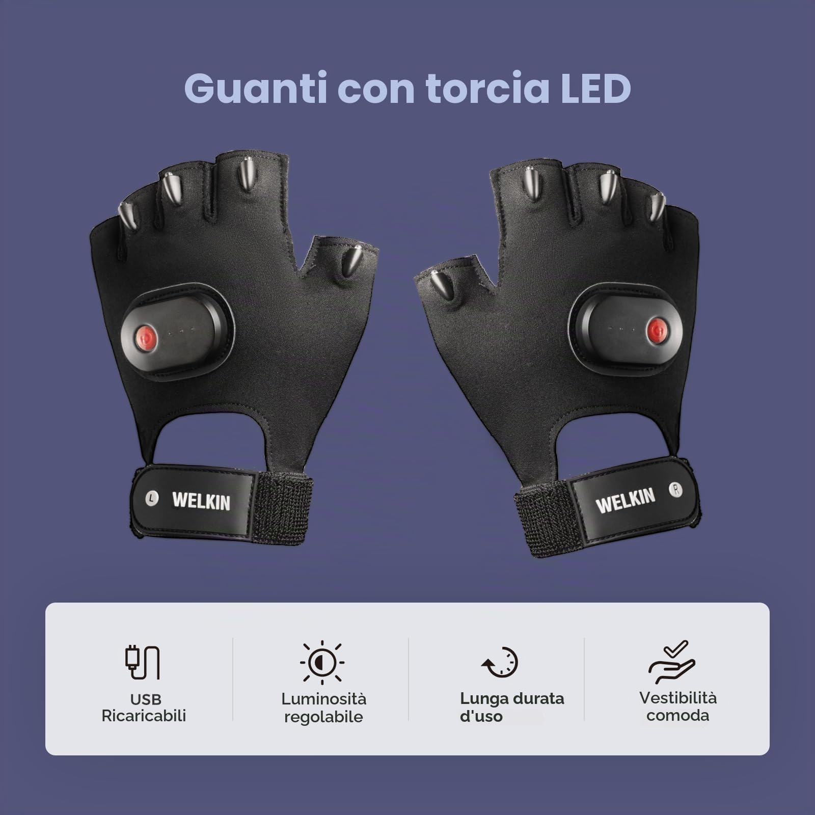WELKIN Guanti a LED con luce, luci ricaricabili, regali per uomini, luci senza mani per pesca, lunga standby