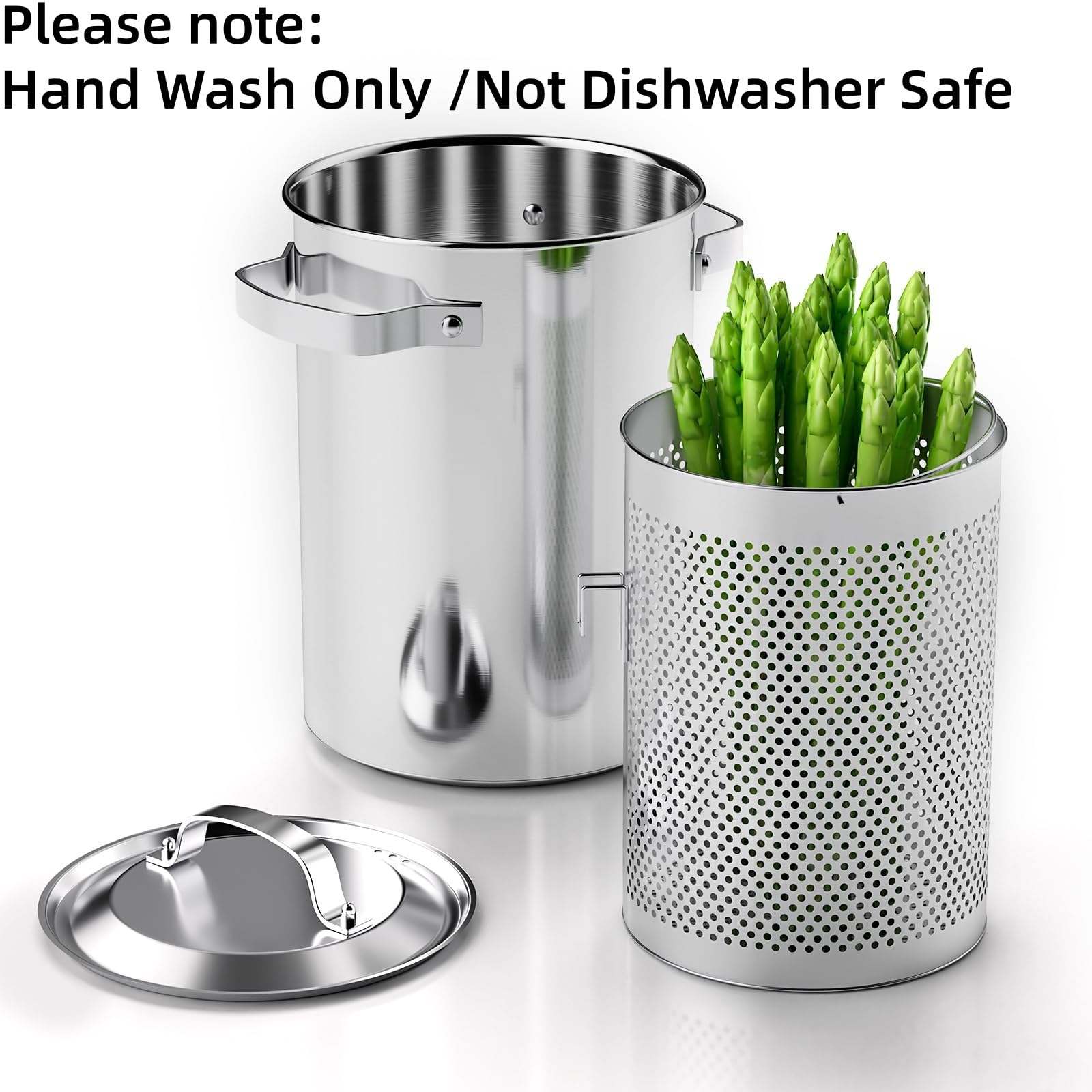 Olla de acero inoxidable para espárragos o pasta espaguetis con cesta de vapor perforada, tamaño alto y grande, utensilios de cocina versátiles