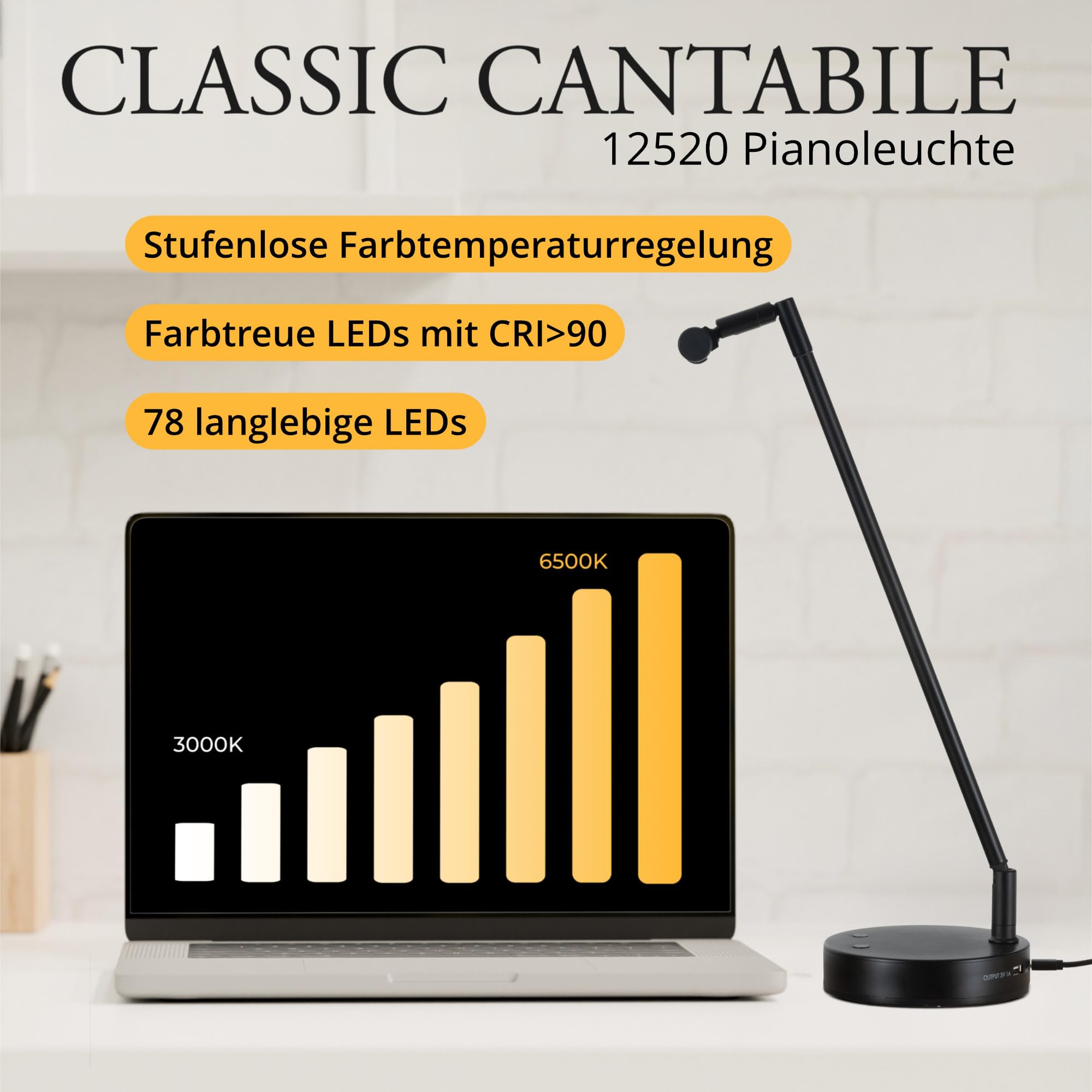 Classic Cantabile SM Lampada per Pianoforte dimmerabile con memory, giunti a sfera, luce calda bianca 78 LED, porta di ricarica, lampada da tavolo nera per leggio.