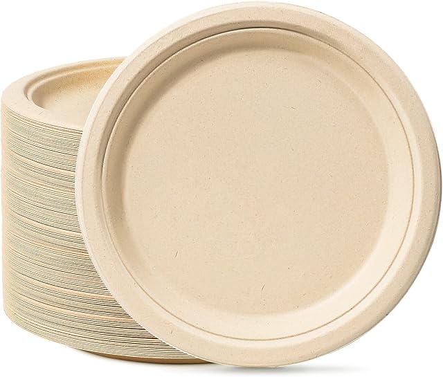 GREENESAGE Rigid 10 inch 50 Pack Large Disposable Paper Brown Plates Sugarcane Biodegradable and Compostable Strong Dishes for Picnic Wedding Party BBQ Christmas