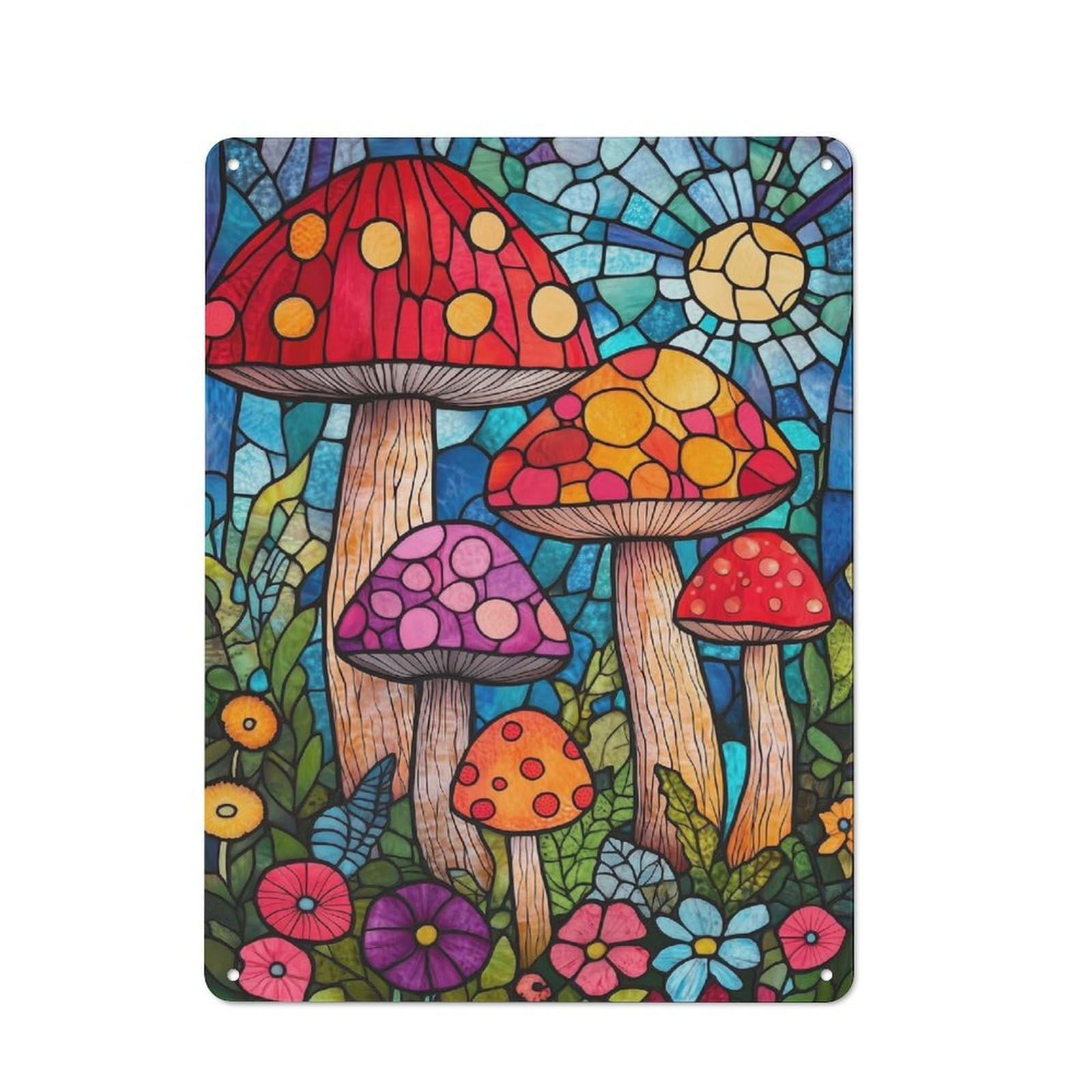 Junmoney Style-13 Vintage Metal Plaque 40X30cm Featuring Stained Glass Mushrooms, Diner Style Decor For Restaurant, Kitchen, Counter Or Breakfast Nook