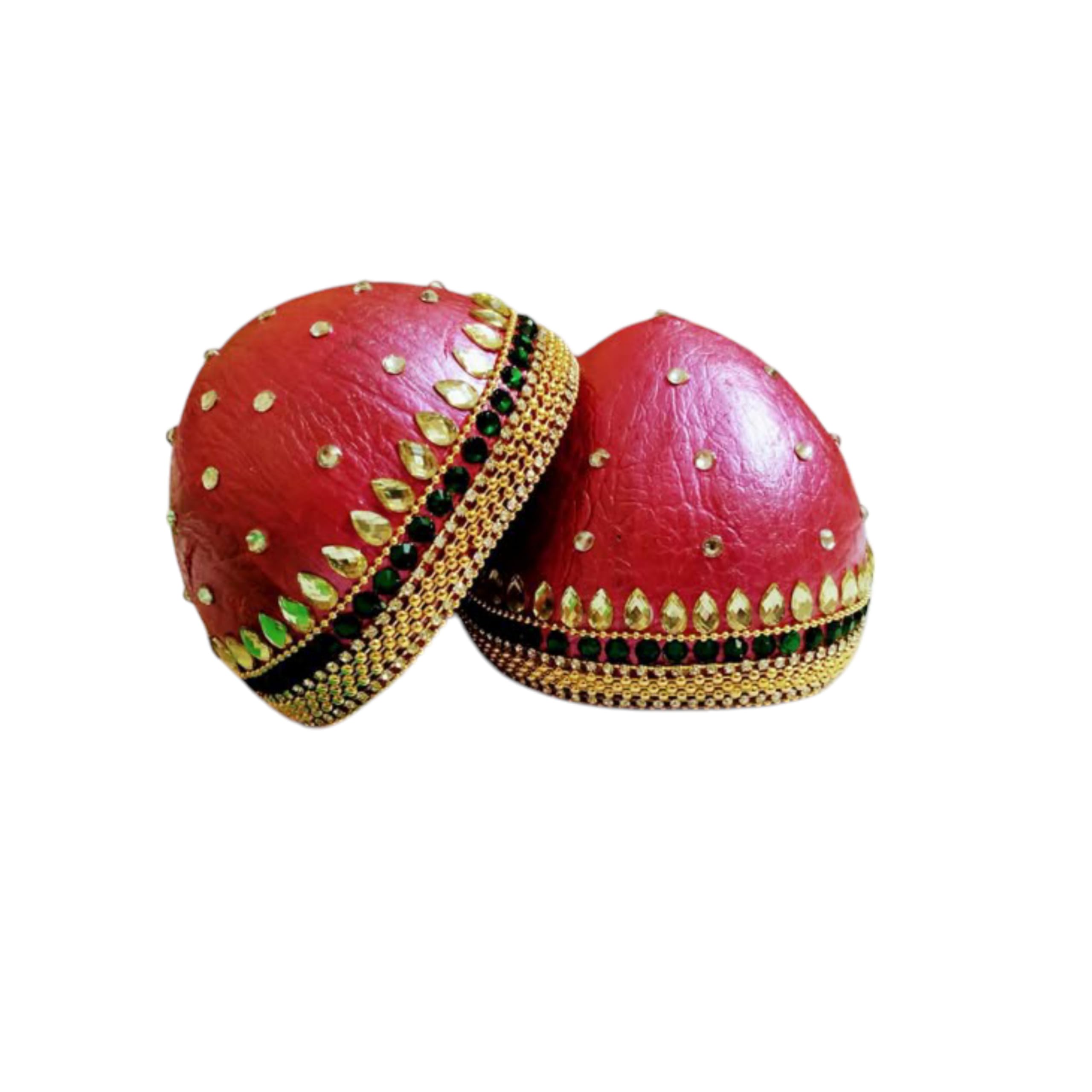 VRCreations Handmade Wedding Decorative Coconut Shell Set, Traditional Red with Gold Kundan Work, 2 Pieces Marriage Dry Coconut