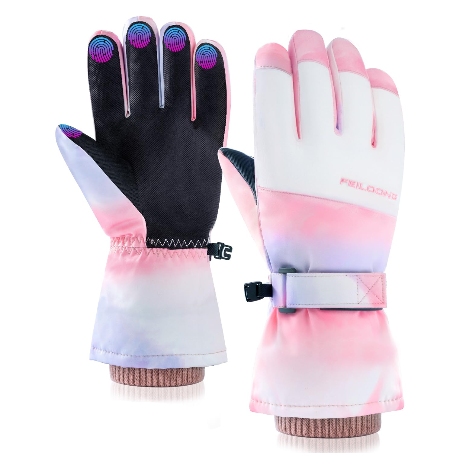 FEILOONG Winter Ski Gloves Women, Snow Gloves Waterproof Windproof Thermal Warm Touchscreen for Snowboarding Skiing Running Cycling, Pink