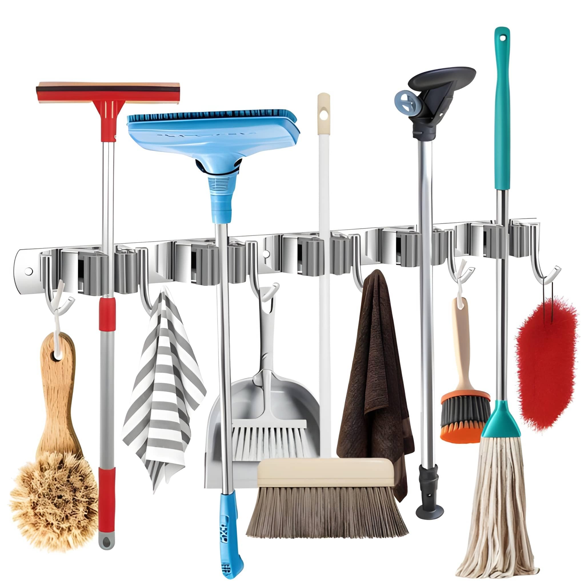Wall Mounted Broom Mop Holder, Stainless Steel Storage Organizer with 5 Racks and 6 Hooks, Heavy Duty Tool Hanger for Kitchen, Bathroom, Garage, Garden & Closet-image-41