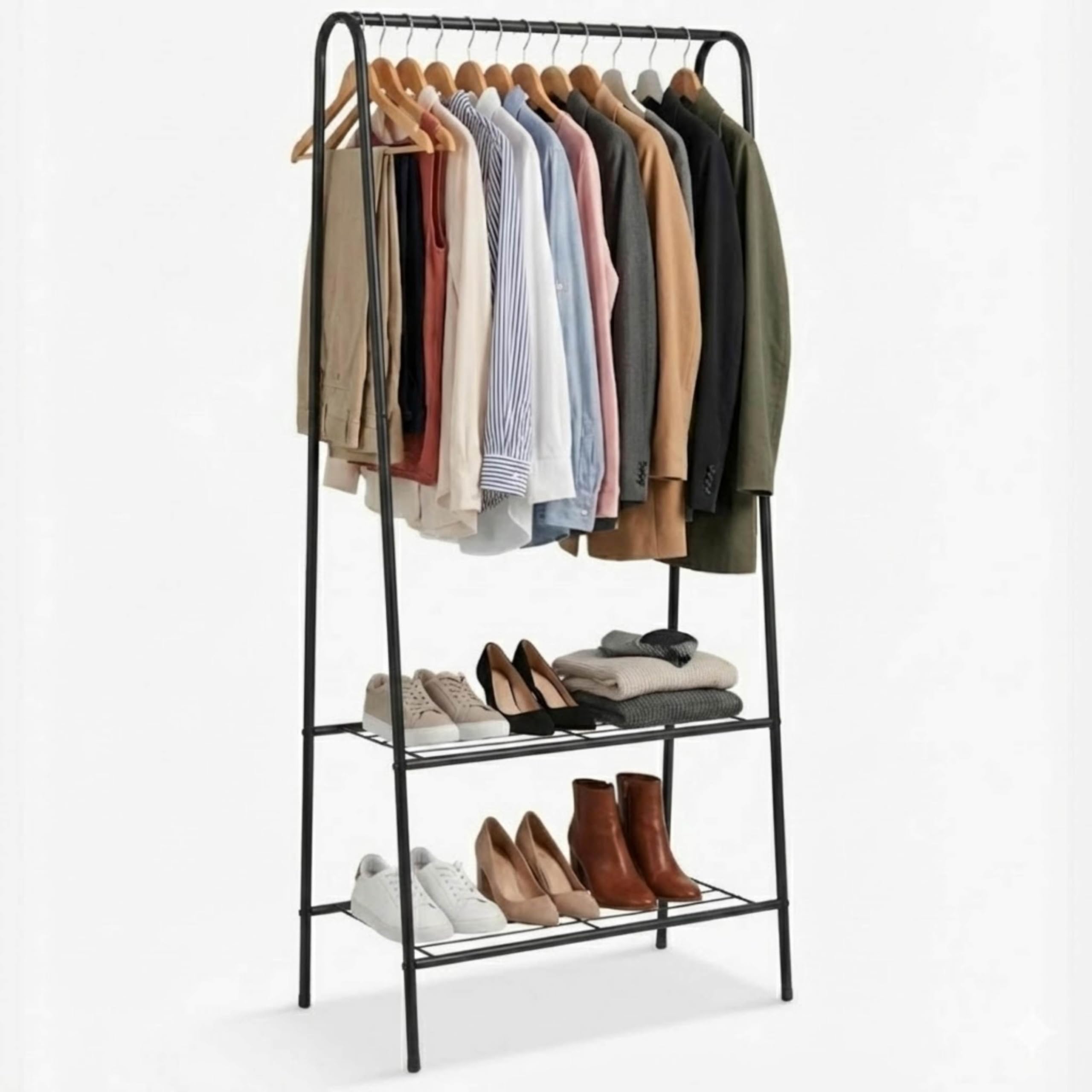 DIVCHI Clothes Rail Heavy Duty Multifunctional Hanging Rack Freestanding Metal Garment Organizer Stand with 2-Tier Storage Shelves Portable Coat Stand for Bedroom Laundry Room & Entryway (Black)