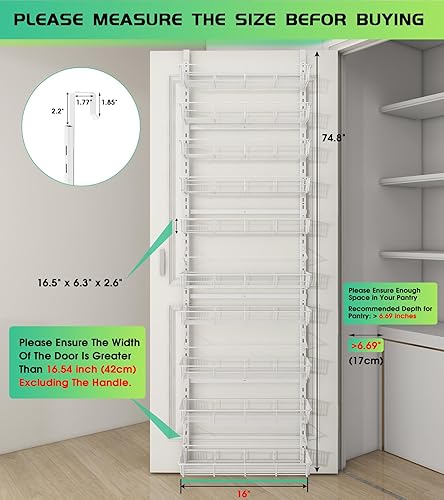 Miniatura 2 de Organizador de despensa blanco de 10 niveles sobre la puerta, organización y almacenamiento de despensa, cesta ajustable colgante de metal, estante