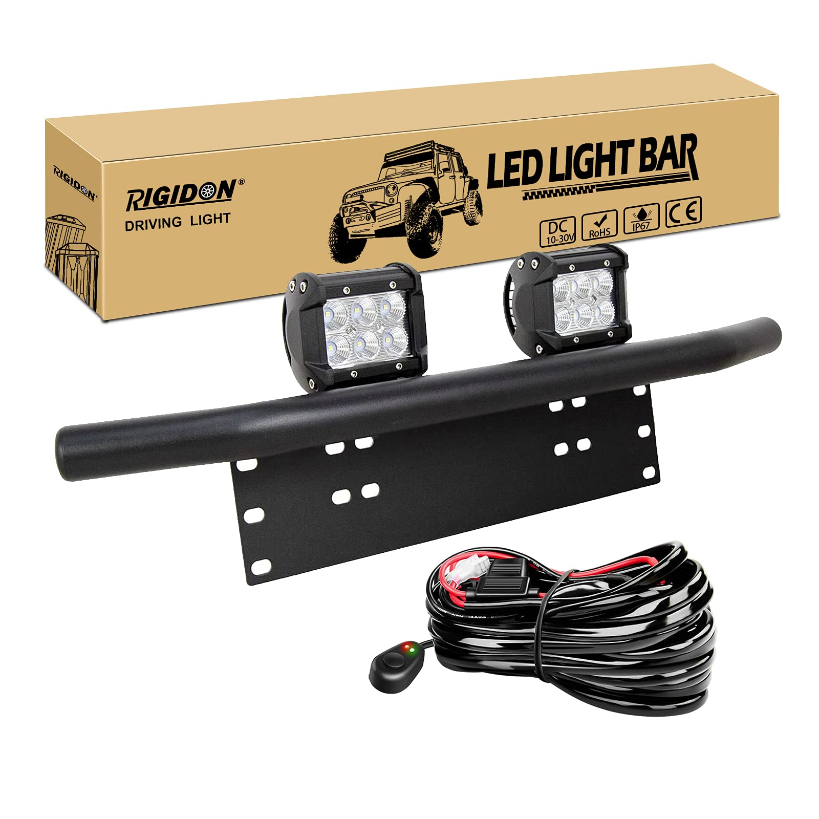 RIGIDON 2 szt. 4 cale 10 cm 18 W oświetlenie robocze LED z wiązką przewodów 12 V i uchwytem tablicy rejestracyjnej, listwa Led do pojazdów offroad samochodów ciężarowych SUV ATV 4x4