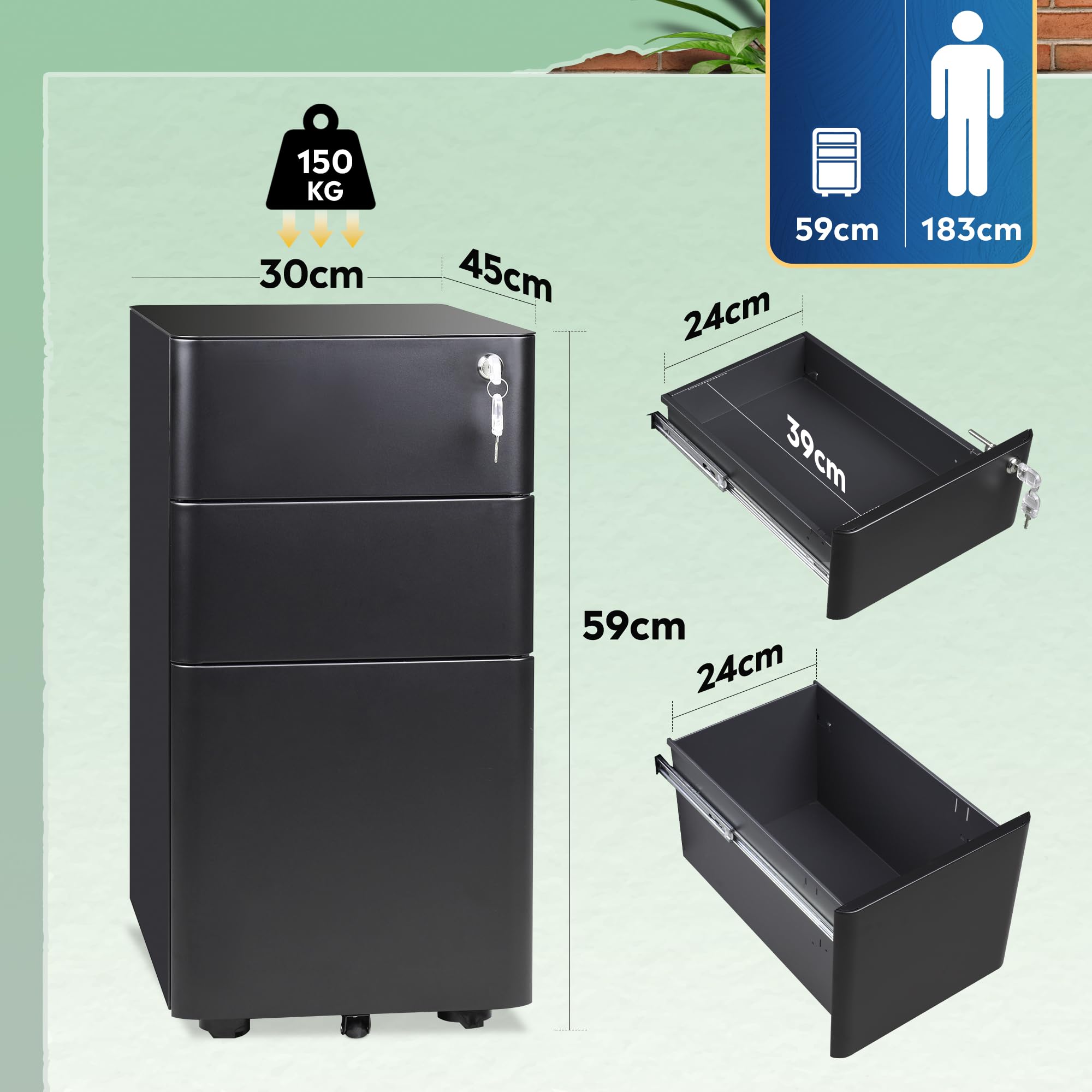 DEVAISE Carrello Portadocumenti con 3 Cassetti Bloccabili, Mobile Ufficio Multifunzione, Scaffale Stampante e Cassettiera con Ruote,Nero