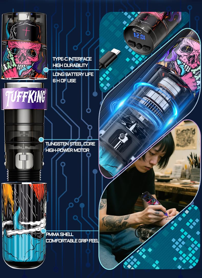 Kit penna portatile per tatuaggi wireless - Macchina rotativa per tatuaggi con display LED, alimentatore 1600mAh, tensione regolabile 5-12V, tipo C,12