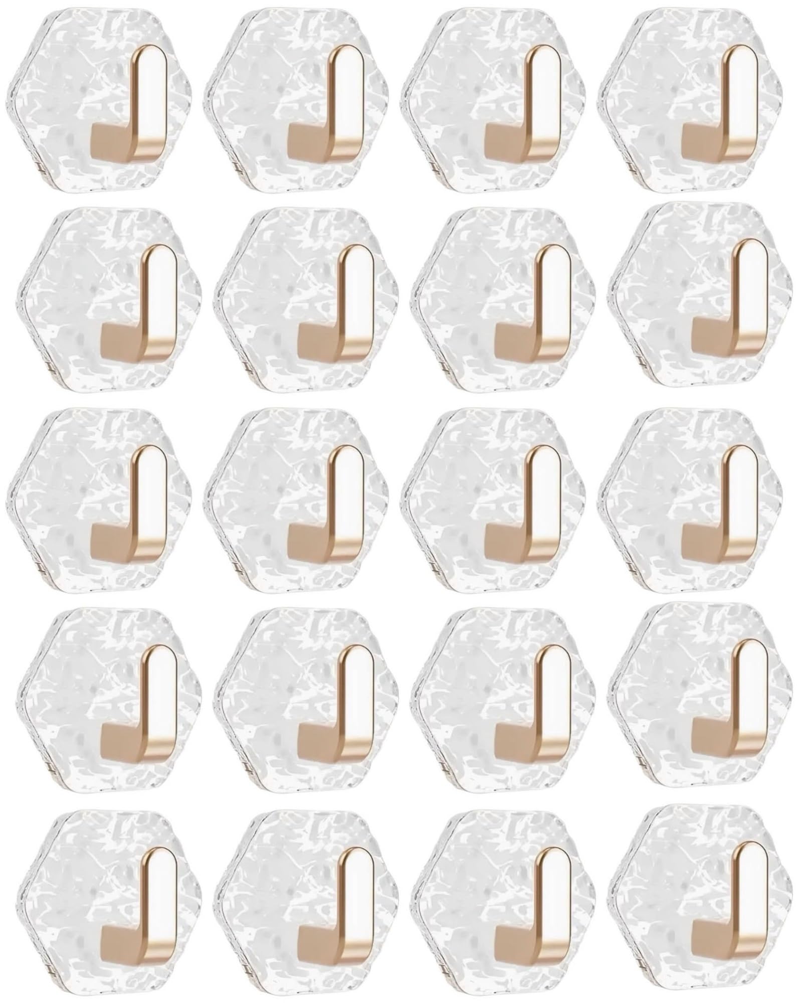 Thuchenyuc Gold Water Ripple Hexagonal Self Adhesive Hooks, Self-Adhesive Hooks – 10/20 Pack No Drill Wall Hooks,Hexagonal Ripple Design,Waterproof Heavy Duty For Towels Keys(,20Pcs)