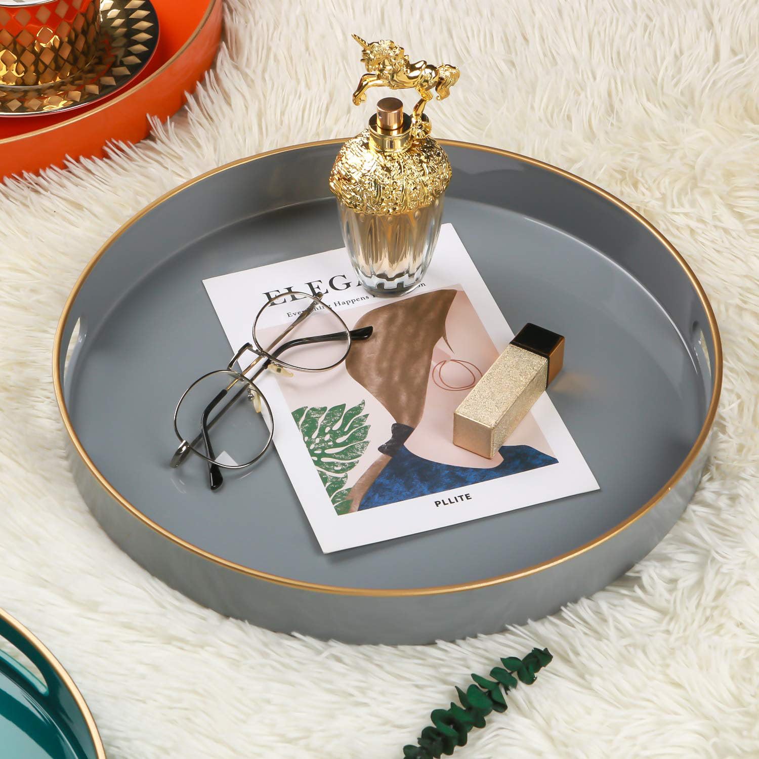 Simmer Stone Round Plastic Decorative Tray, Round Plastic with Handles, Modern Vanity and Serving for Ottoman Coffee Table - Image 2