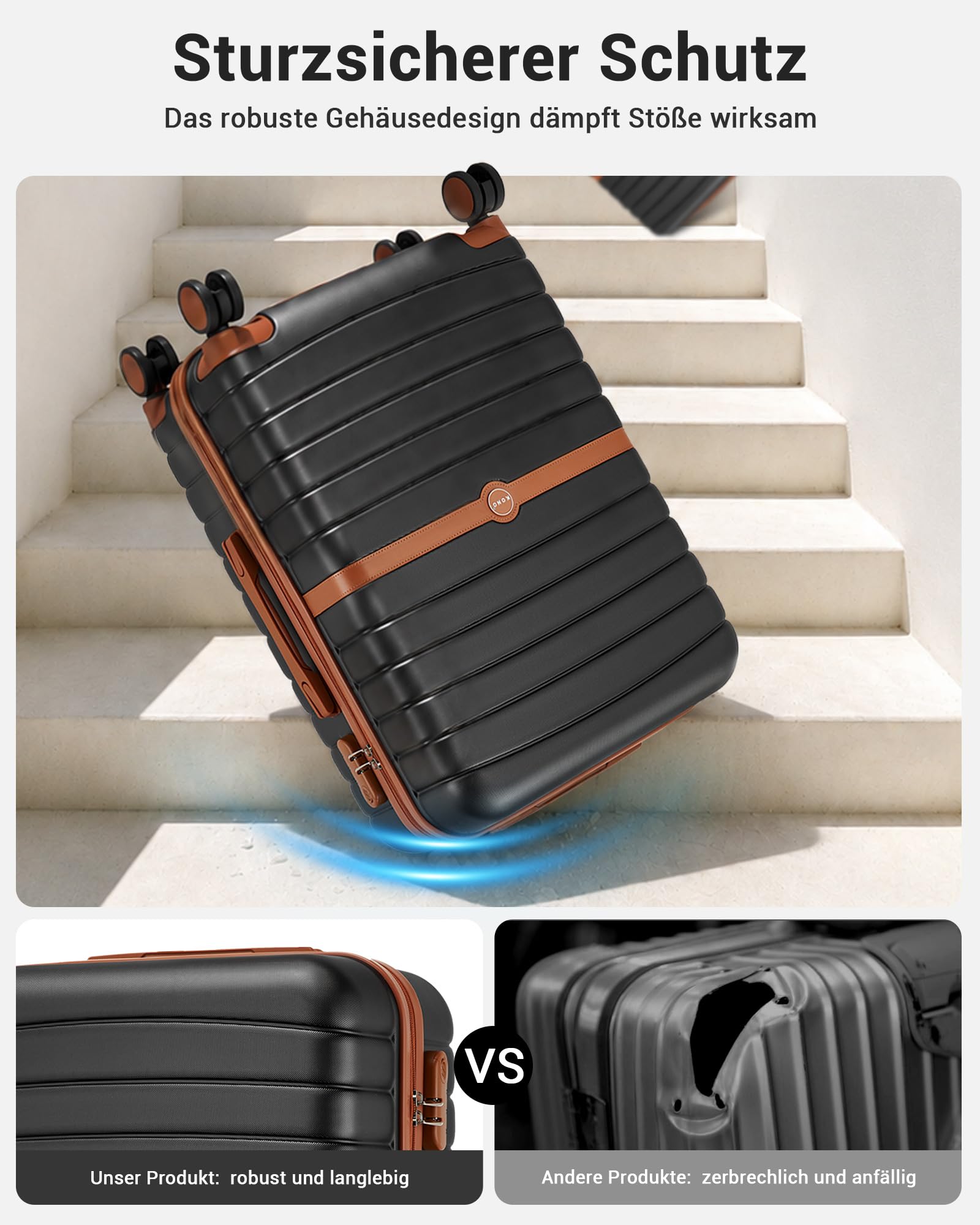 KONO Koffer Reisekoffer Trolley Handgepäck Koffer 55x40x20cm von ABS+PC Hartschalenkoffer mit Zwillingsrollen und Zahlenschloss(Schwarz/Braun, 55cm)