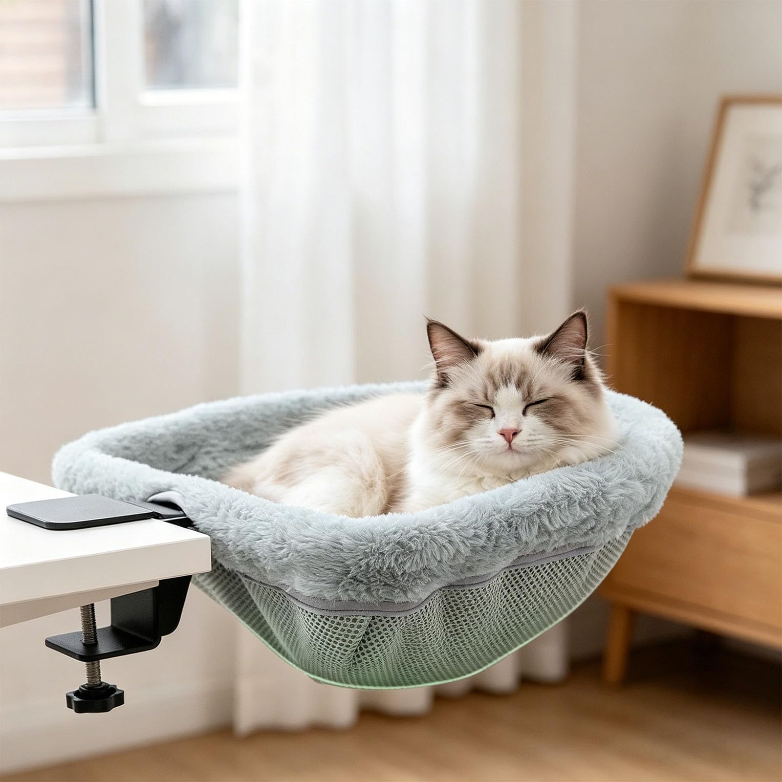 Persiana multifunzione per finestra del gatto, pieghevole, per scrivania, letto, tessuto morbido, fissaggio sicuro per animali domestici, per interni, libreria, posatoi per gatti