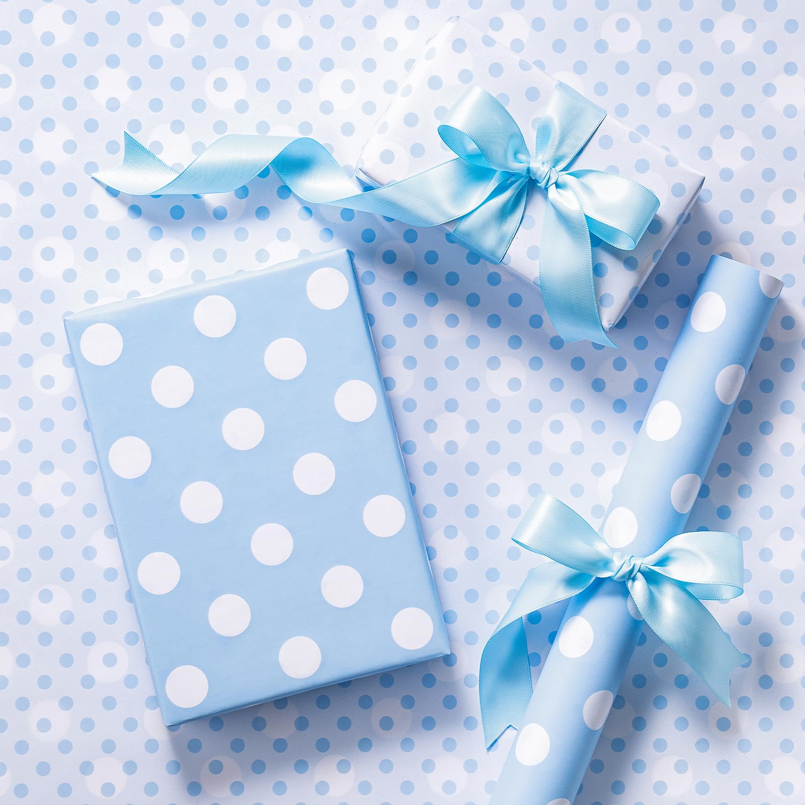 RUSPEPA Mini Reversible Light Blue White Polka Dot Wrapping Paper Large Small Dots Soft Pastel For Baby Showers Birthdays Spring Parties Kids Gifts 43.2cm x 5m