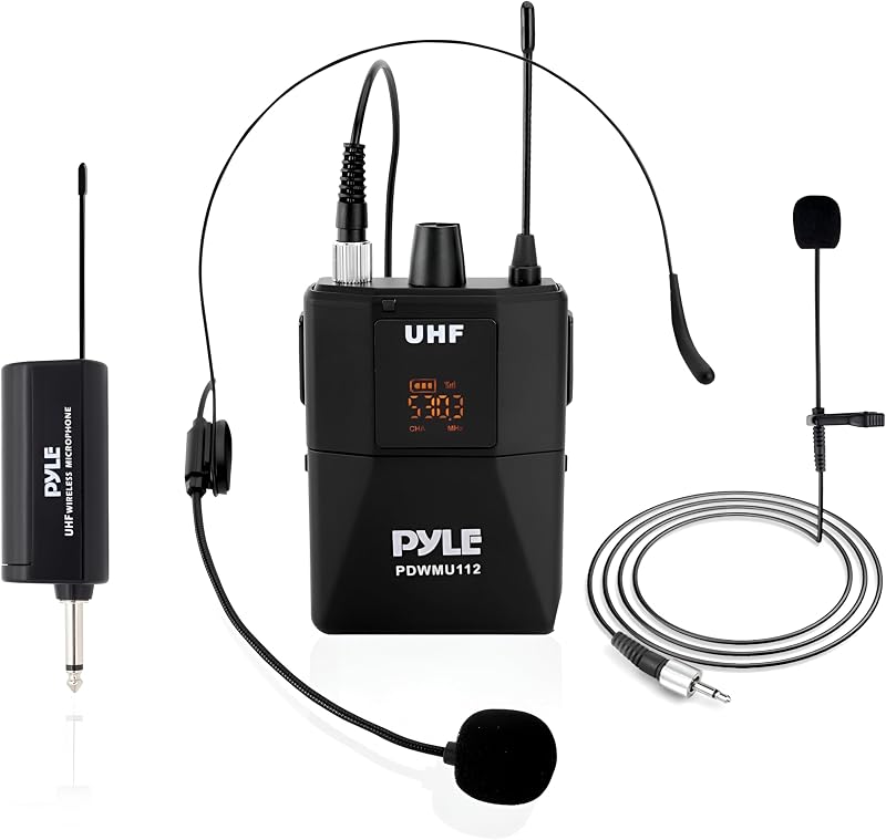Pyle UHF Kit de sistema de micrófono inalámbrico - Juego de micrófono inalámbrico profesional portátil con auriculares, solapa, transmisor de petaca, receptor - Karaoke y conferencias