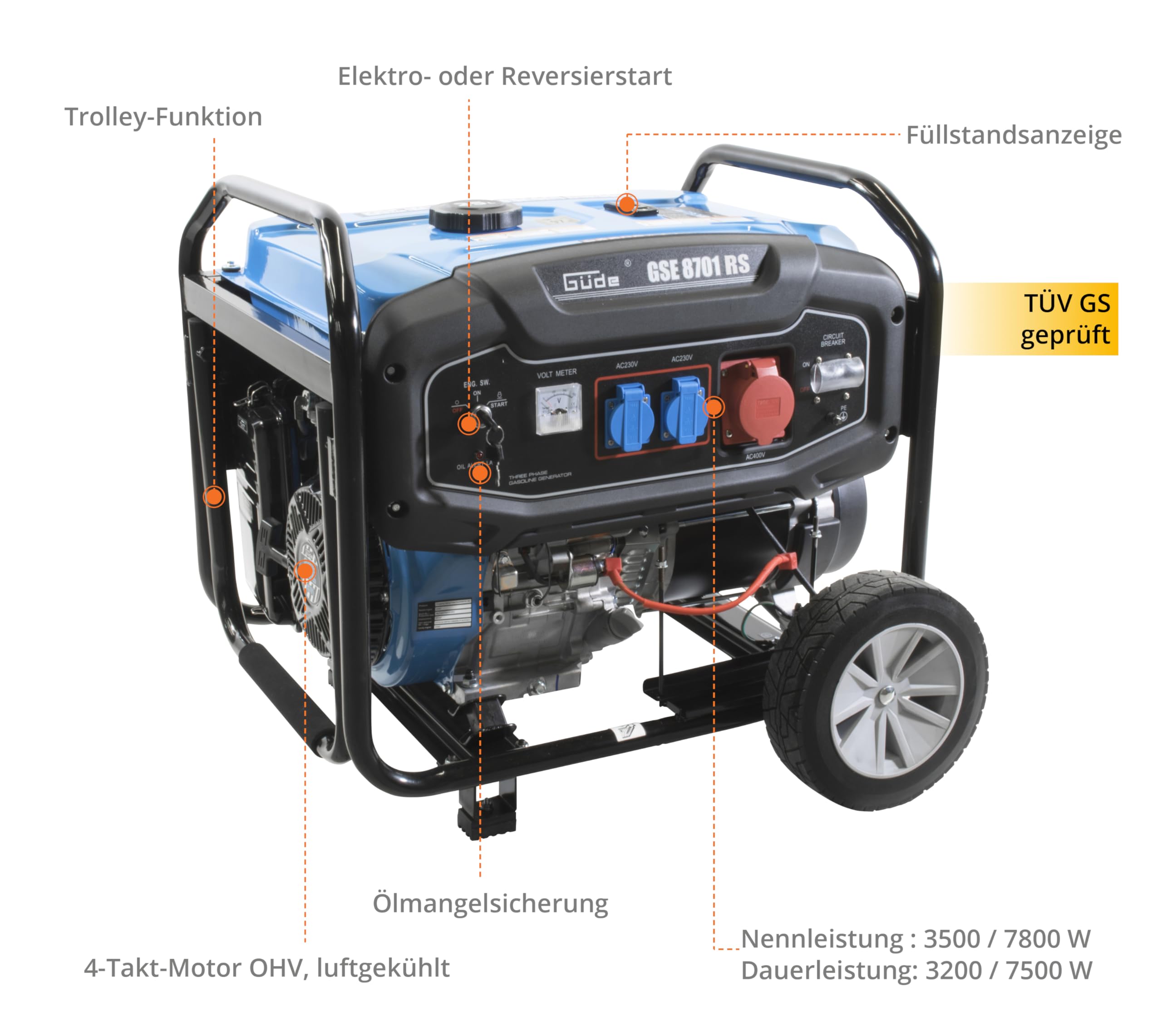 GÜDE GSE 8701 RS - Generatore 7800W con maniglia e ruote per il trasporto
