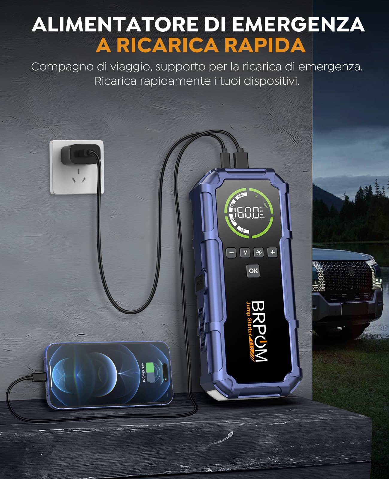 BRPOM Booster Avviamento Auto 8000A con Compressore 160 PSI, Jump Starter 12V, Avviatore Batteria Auto (Tutti i Motori a Benzina, Diesel fino a 12 L), Torcia LED 600 Lumen e USB-C（Dark purple）