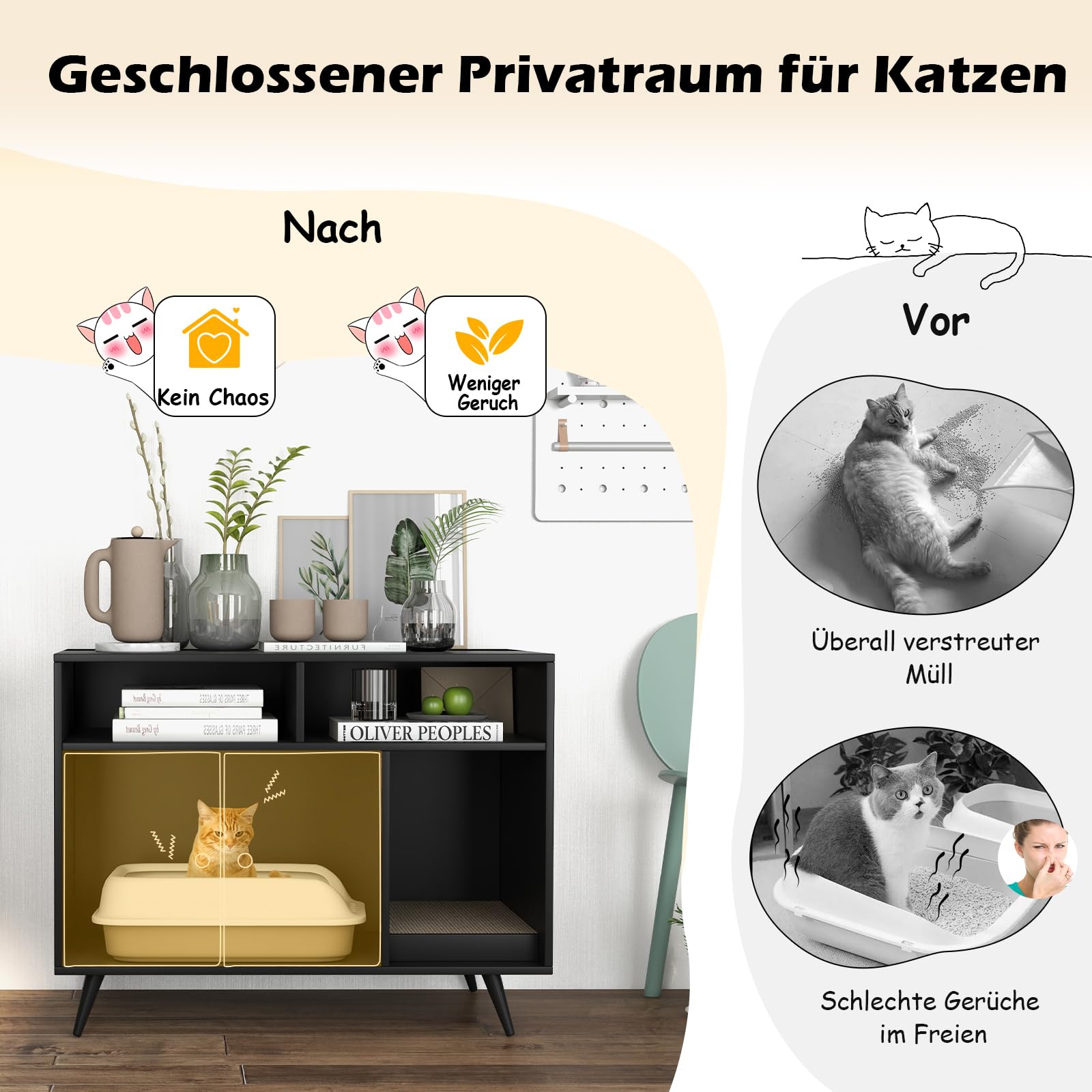 GOPLUS Katzenschrank aus Holz, Katzentoilette mit Doppeltüren, 2 Fächern & Kratzpad, Katzenklo Schrank für Innenkatzen, Hunde Haustier, 90 x 50 x 70 cm, Braun+Schwarz