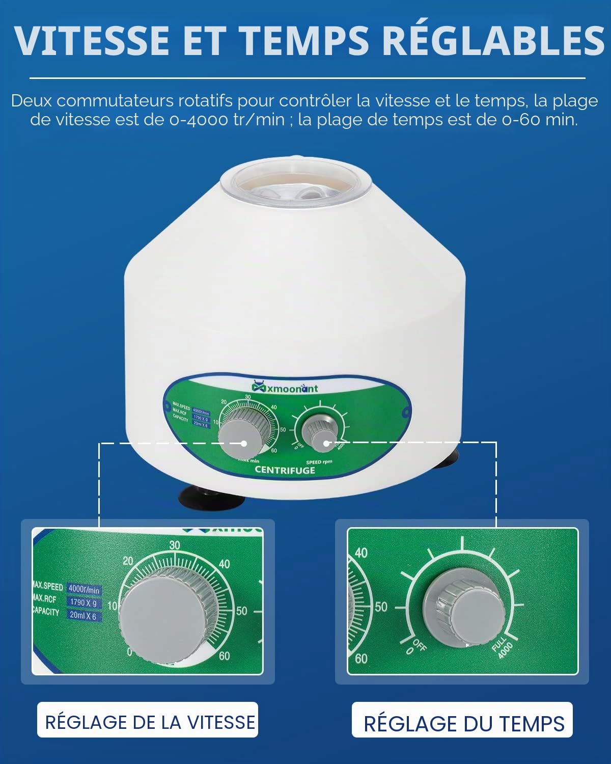 Mxmoonant Centrifugeuse de Laboratoire, 4000rpm, 6x20ml, 1790xg, 60min | pour Tubes à Essais 20ml/15ml/10ml/5ml, pour PRP, Séparation D'échantillons, Analyse Qualitative (Prise EU)