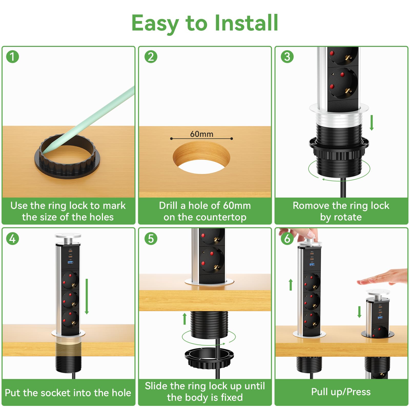Presa Scomparsa 3 Prese 2 USB e USB C, Multipresa Elettrica Scomparsa Presa per Piano di Lavoro Incassato per Cucina, Ufficio, Cavo 1,8m, Diametro 60mm