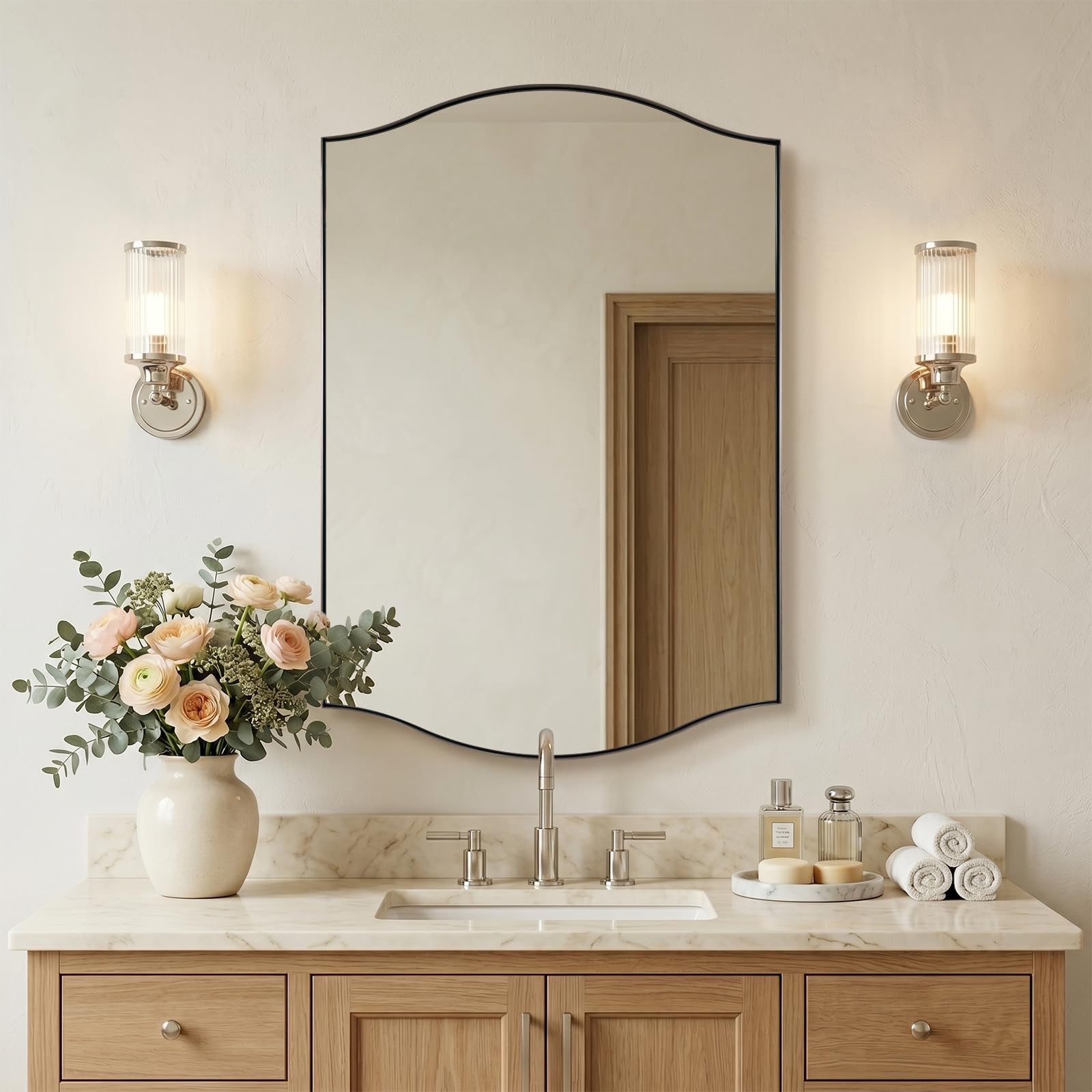ANDY STAR 26"x38" Scalloped Mirror for Bathroom，Brushed Nickel Rectangle Wall Mirror with Curved Edge Stainless Steel Metal Frame, Wall-Mounted Mirror for Bathroom, Entryway, Living Room