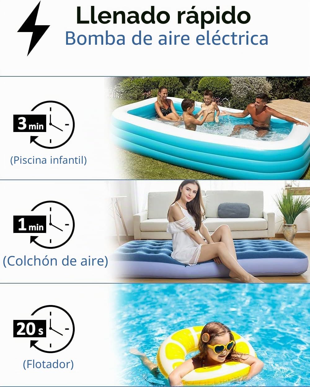 Inflador Eléctrico con Batería Recargable - Bomba para Colchón Hinchable, Paddle Surf, Kayak - Infla/Desinfla con 4 Boquillas