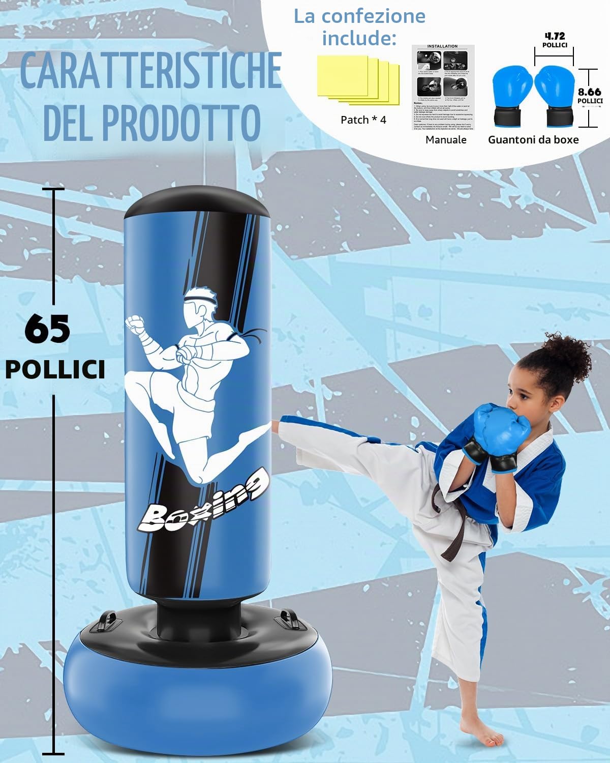 NZQXJXZ Sacco da Boxe Bambini- 165cm Gonfiabile con Guantoni da Sacco Boxe per la Pratica di MMA Karate Taekwondo e per Alleviare l'energia di Pent Up Pugilato