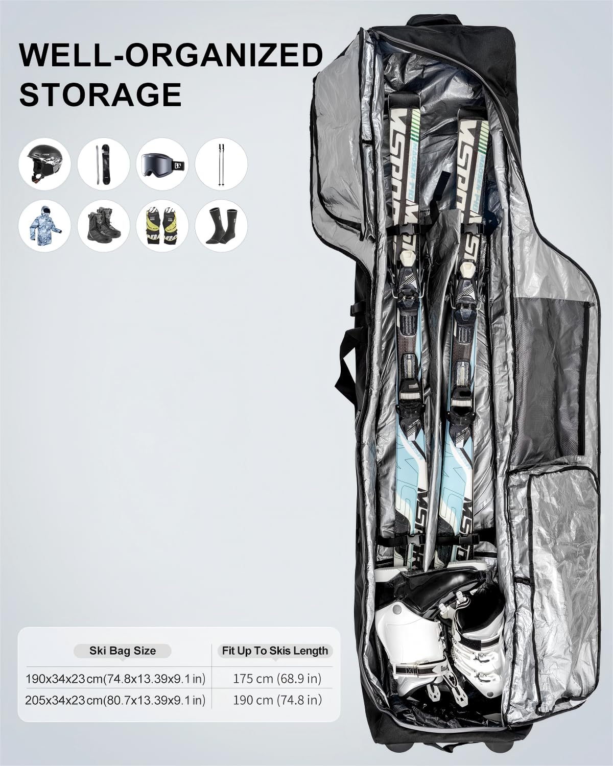 jogflow 360 Ski Bag with Wheels, Waterproof Fabric, Padded, Fits Single or Double Skis, Roller Bag for Air Travel