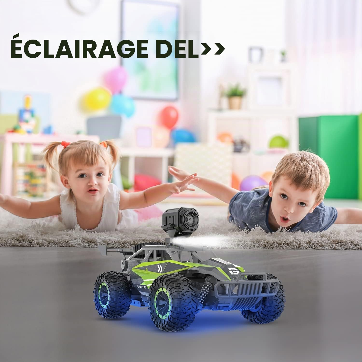 DEERC Voiture télécommandée avec caméra HD 1080P, Voitures RC à l'échelle 1:16 avec éclairage châssis et phares à LED, véhicule Jouet Monster Truck Haute Vitesse 2,4 GHz, Cadeau pour Enfants garçons