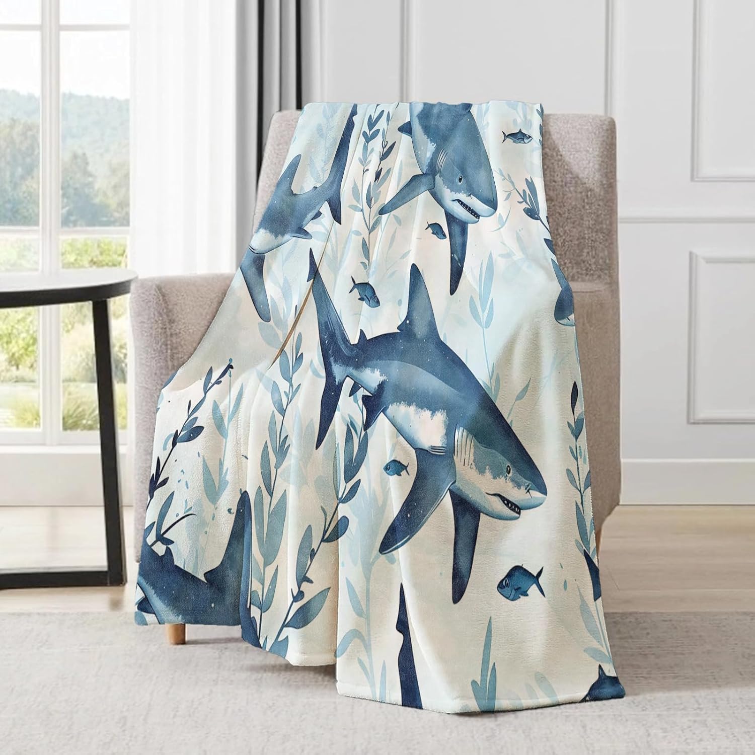 Ocean Blue Shark Flannel Blanket - Marine Life Fish Throw,Gifts for Women & Stylish Lovers, Ultra Soft & Warm,Lightweight, for Couch Bedroom Living Room Classic Decor 50x60in - Image 3