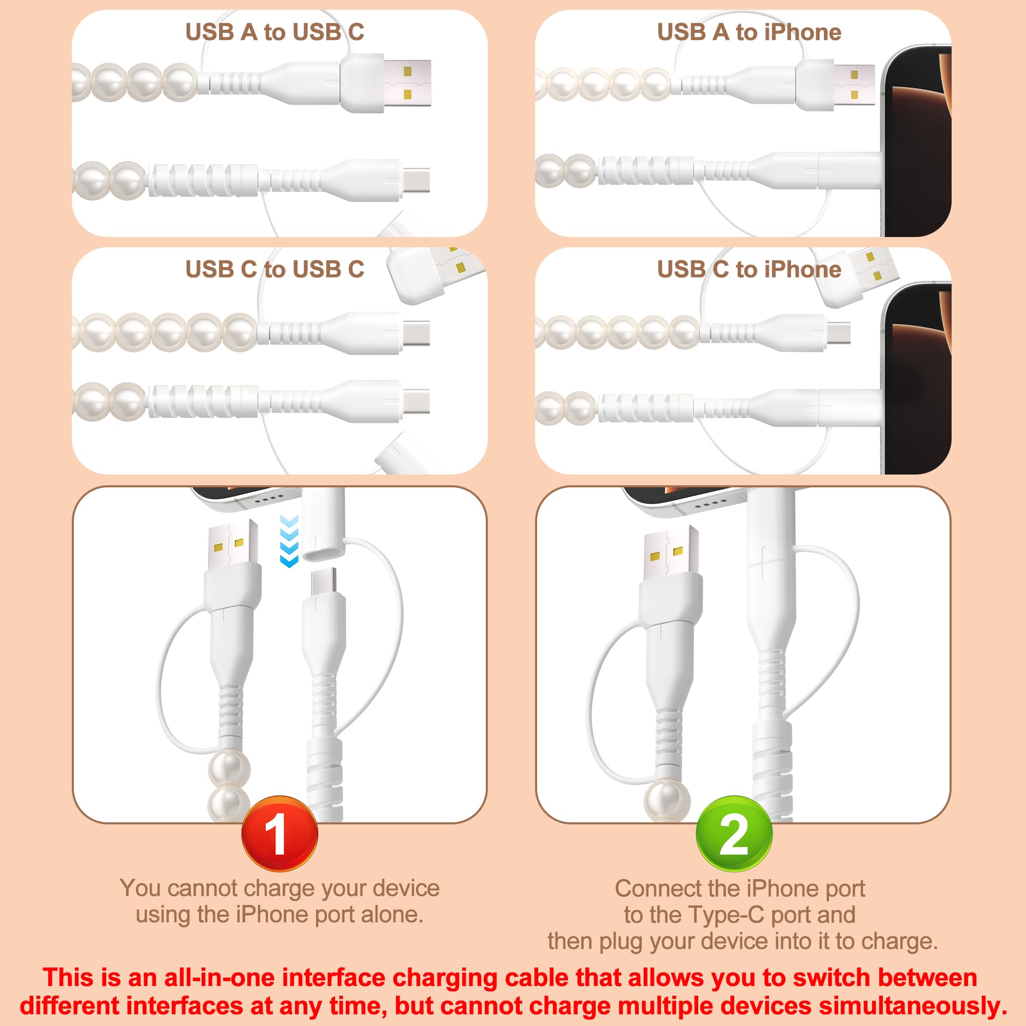 Cavo USB C 4 in 1 0,9 m con perline multi cavo di ricarica [certificato MFi] cavo di ricarica per iPhone perlato USB A/tipo C a tipo C/iPhone multi cavo di ricarica veloce per iPhone 16 15 14, per