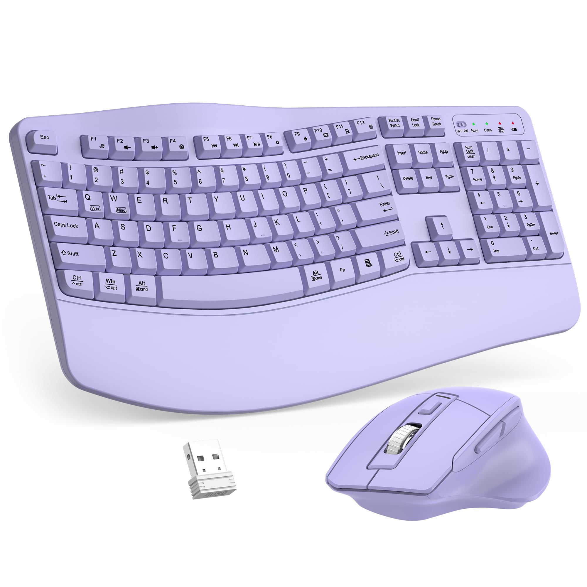 Photo 1 of ***MISSING MOUSE USB*** Wireless Keyboard and Mouse Combo, 2.4G Full Size Wave Keys Ergonomic Keyboard with Wrist Rest and 3-Level DPI Adjustable Wireless Ergonomic Mouse for Windows, Mac OS Desktop/Laptop/PC(Purple)