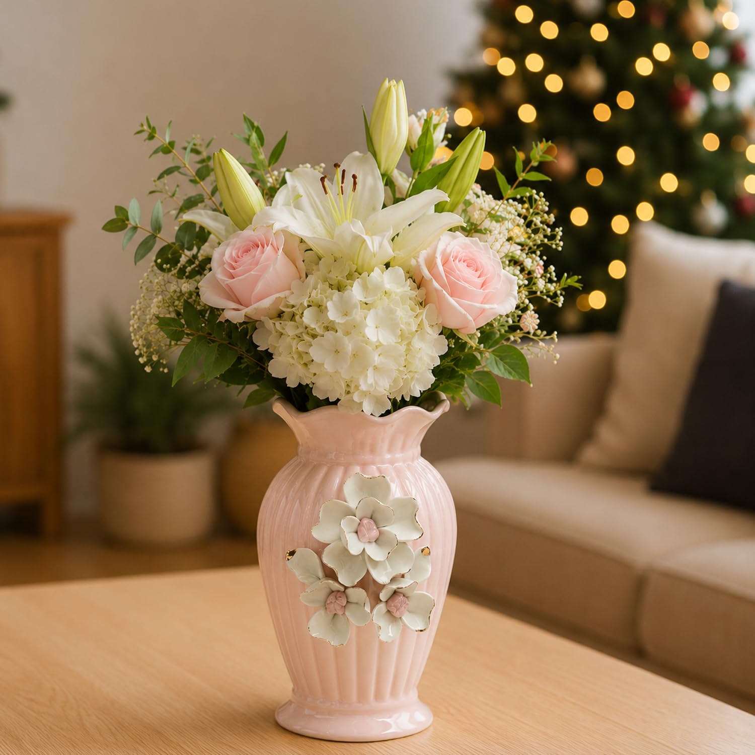 MARKET 99 Pink Ceramic Decorative Vase | Glossy Flared Rim Embossed Leaf Pattern Flower Vase | Elegant Tabletop Accent for Fresh Flowers, Artificial Stems, Home, Office & Shelf Décor-image-23