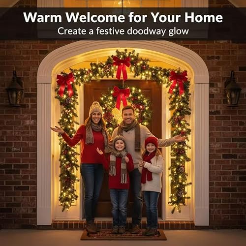 Miniatura 2 de Decoraciones navideñas gruesas preiluminadas, 9 pies con 220 ramas de cedro, 30 luces. Guirnalda verde artificial para decoración navideña de